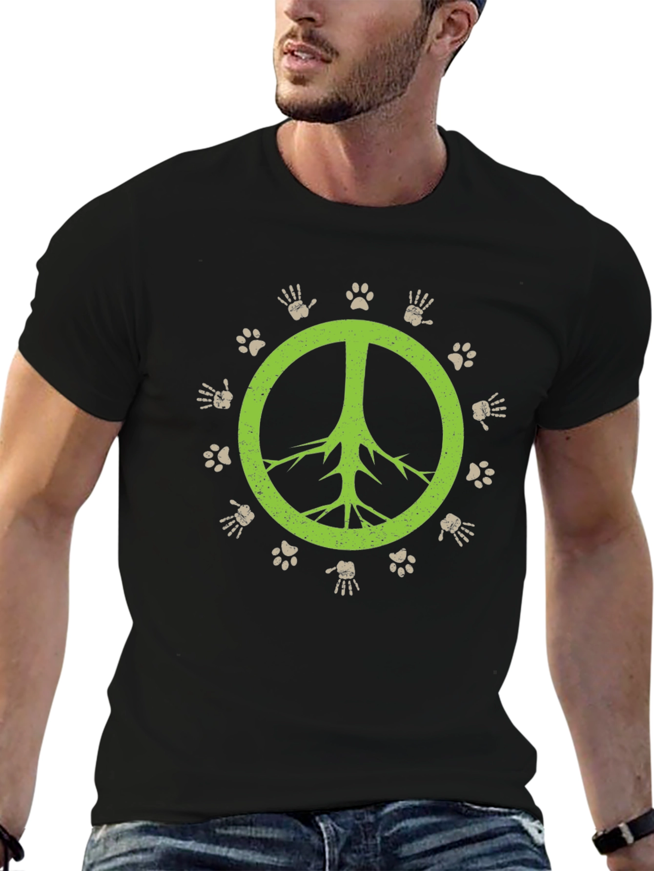 Peace Sign T-Shirt - Animal Paw Prints & Hand
