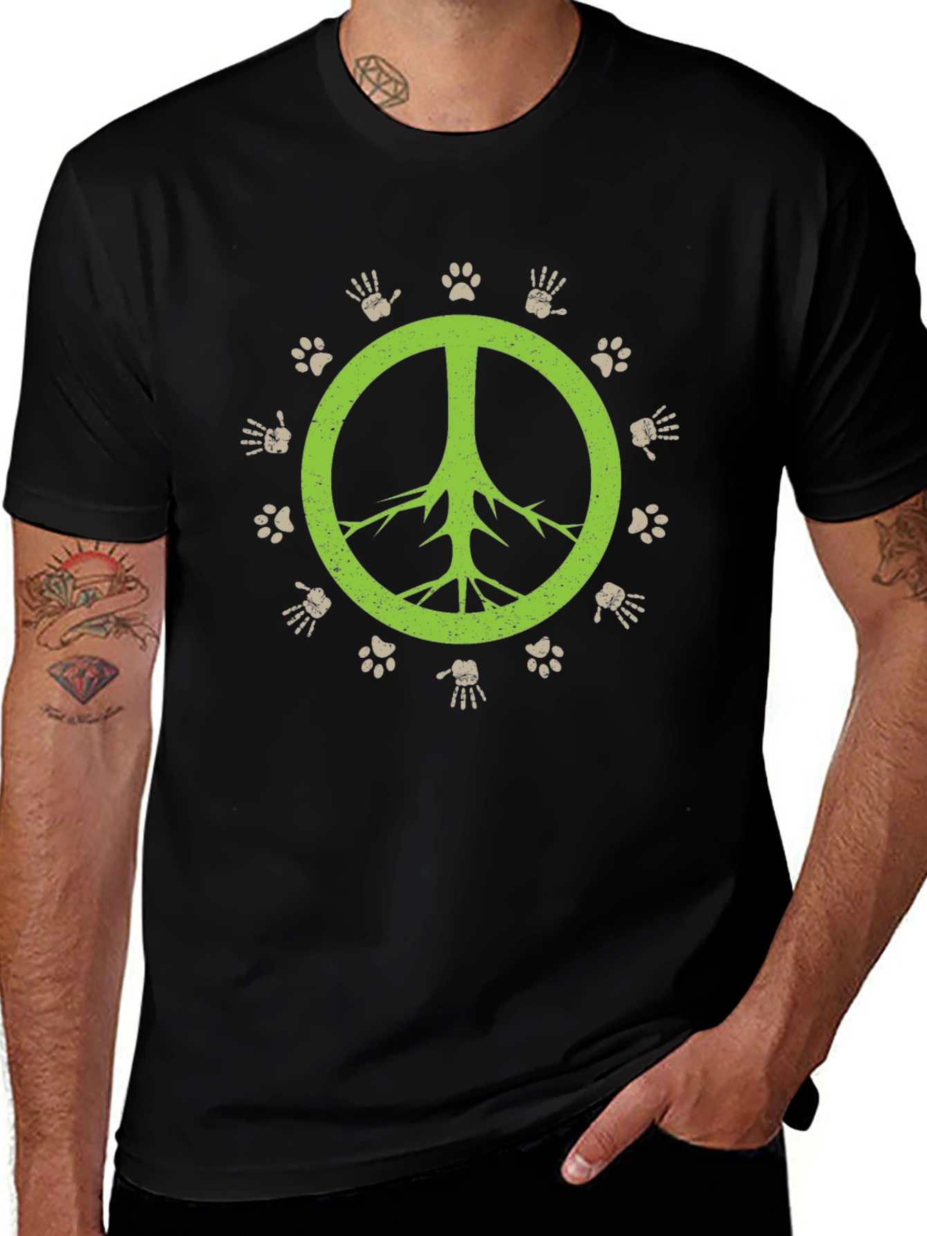 Peace Sign T-Shirt - Animal Paw Prints & Hand