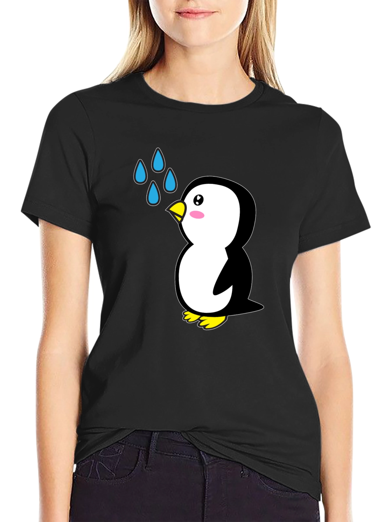 Cute Penguin Cartoon Black T-Shirt