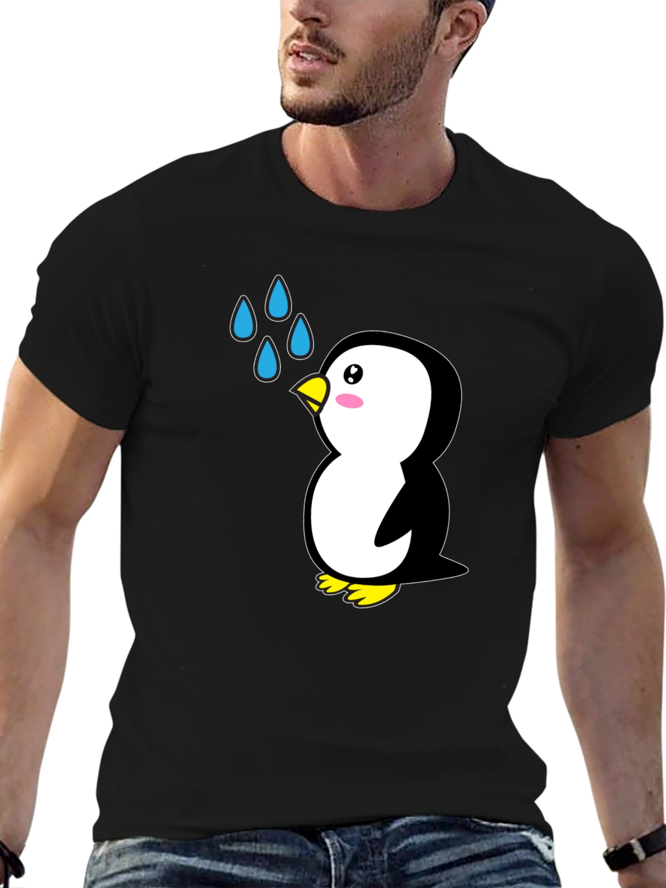 Cute Penguin Cartoon Black T-Shirt