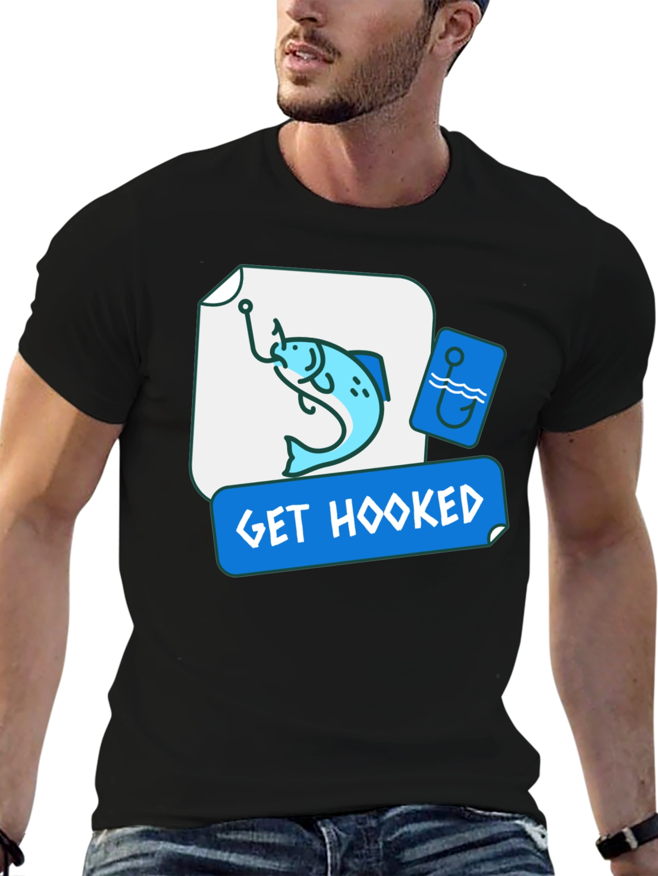 Get Hooked Fishing T-Shirt - Black Graphic Tee