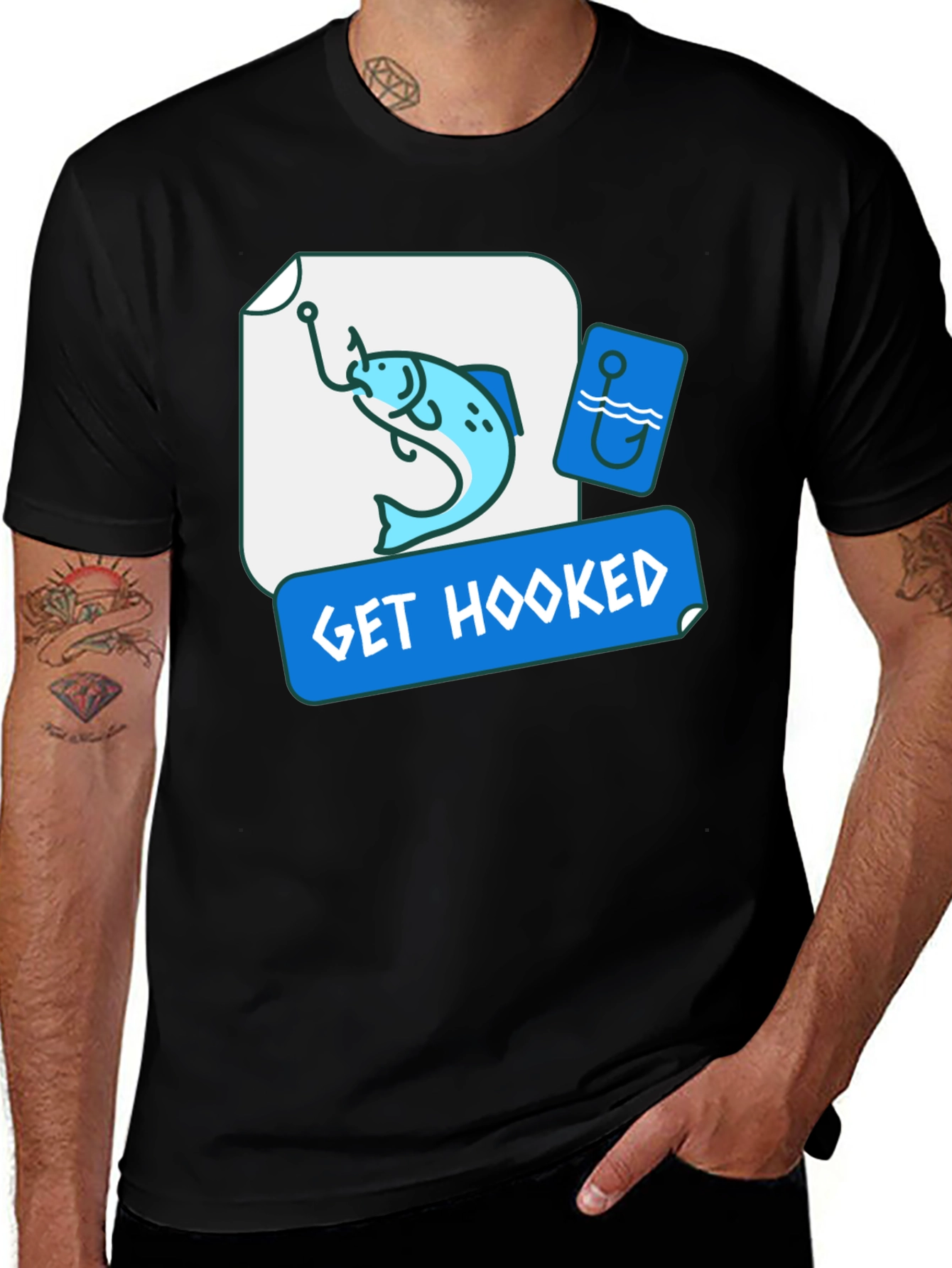 Get Hooked Fishing T-Shirt - Black Graphic Tee