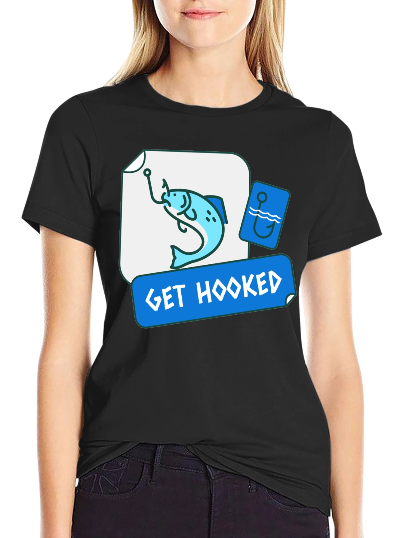 Get Hooked Fishing T-Shirt - Black Graphic Tee