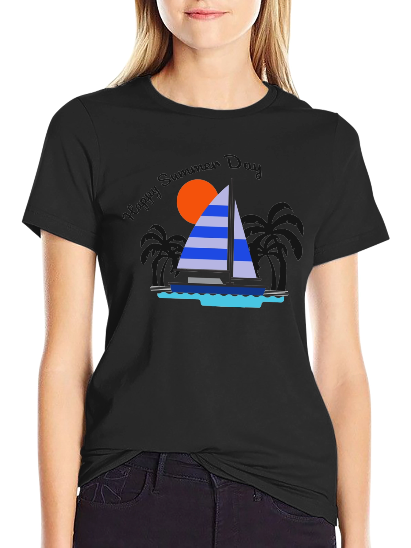 Sailboat Graphic T-Shirt - Tropical Ocean Sunset Design