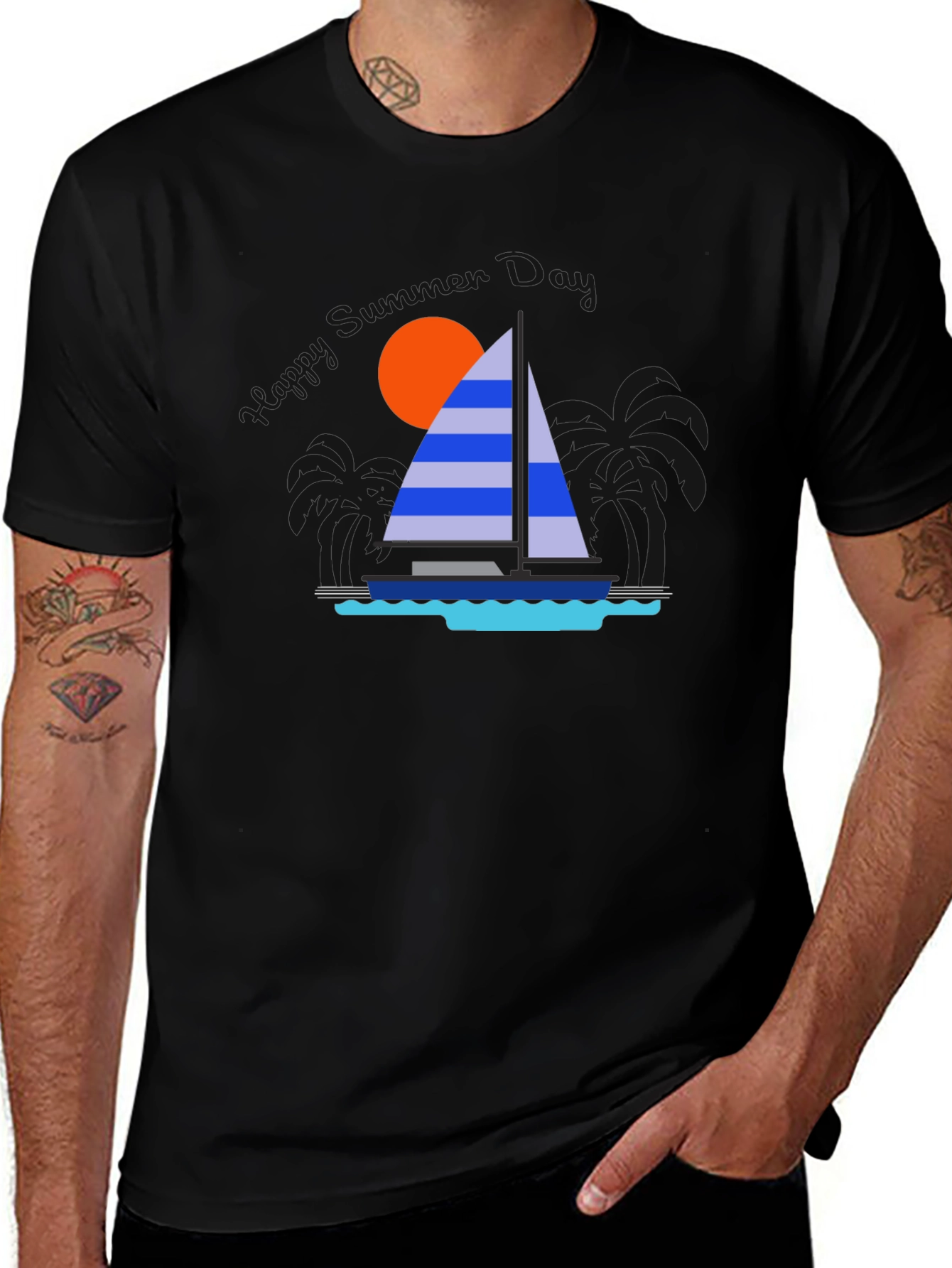 Sailboat Graphic T-Shirt - Tropical Ocean Sunset Design
