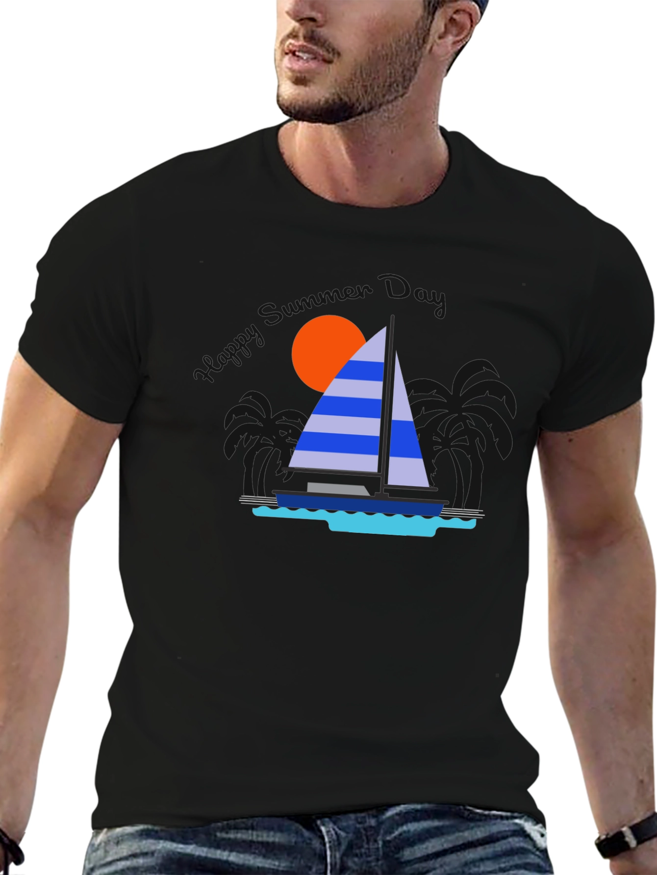 Sailboat Graphic T-Shirt - Tropical Ocean Sunset Design