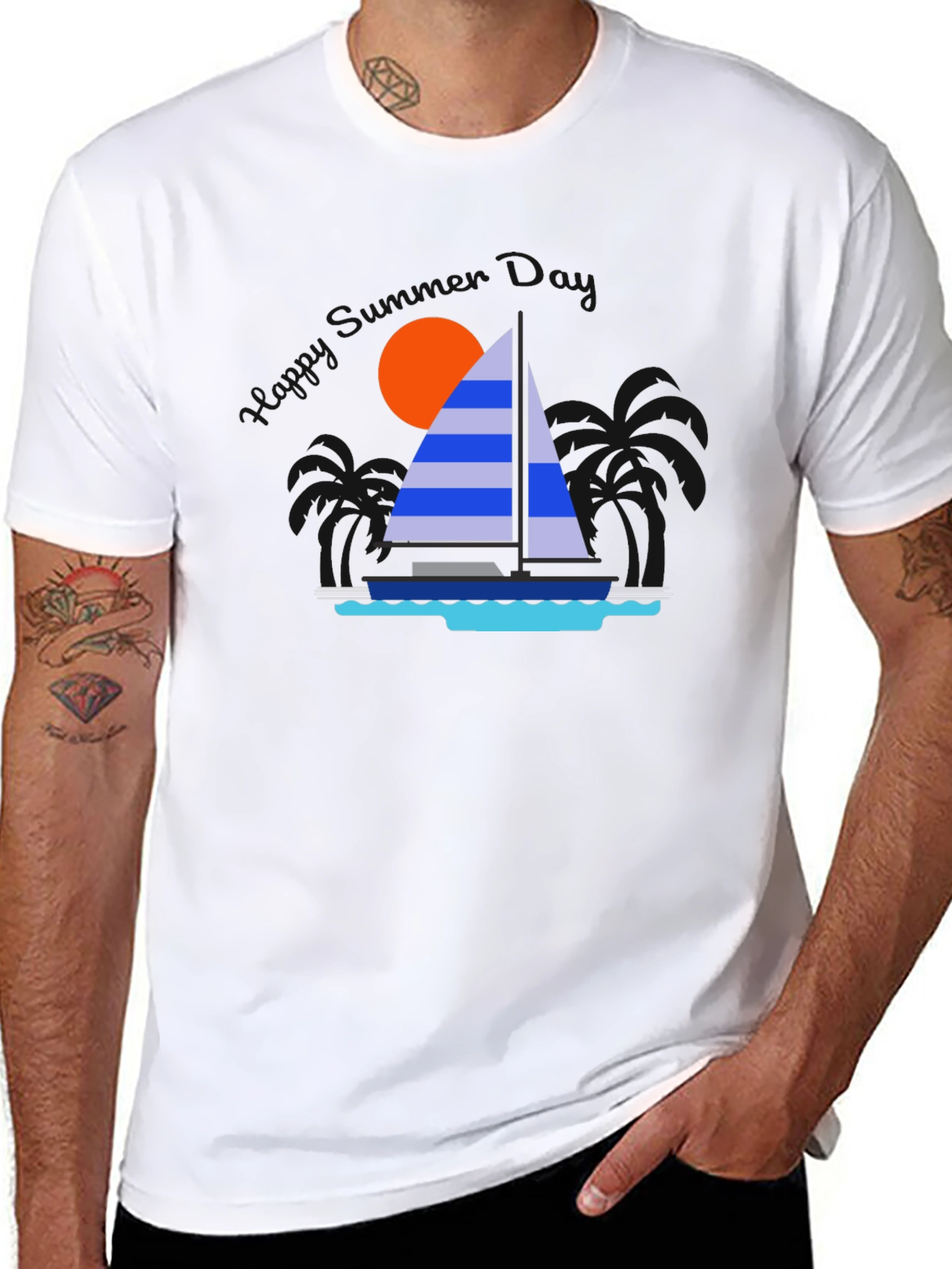 Sailboat Graphic T-Shirt - Tropical Ocean Sunset Design