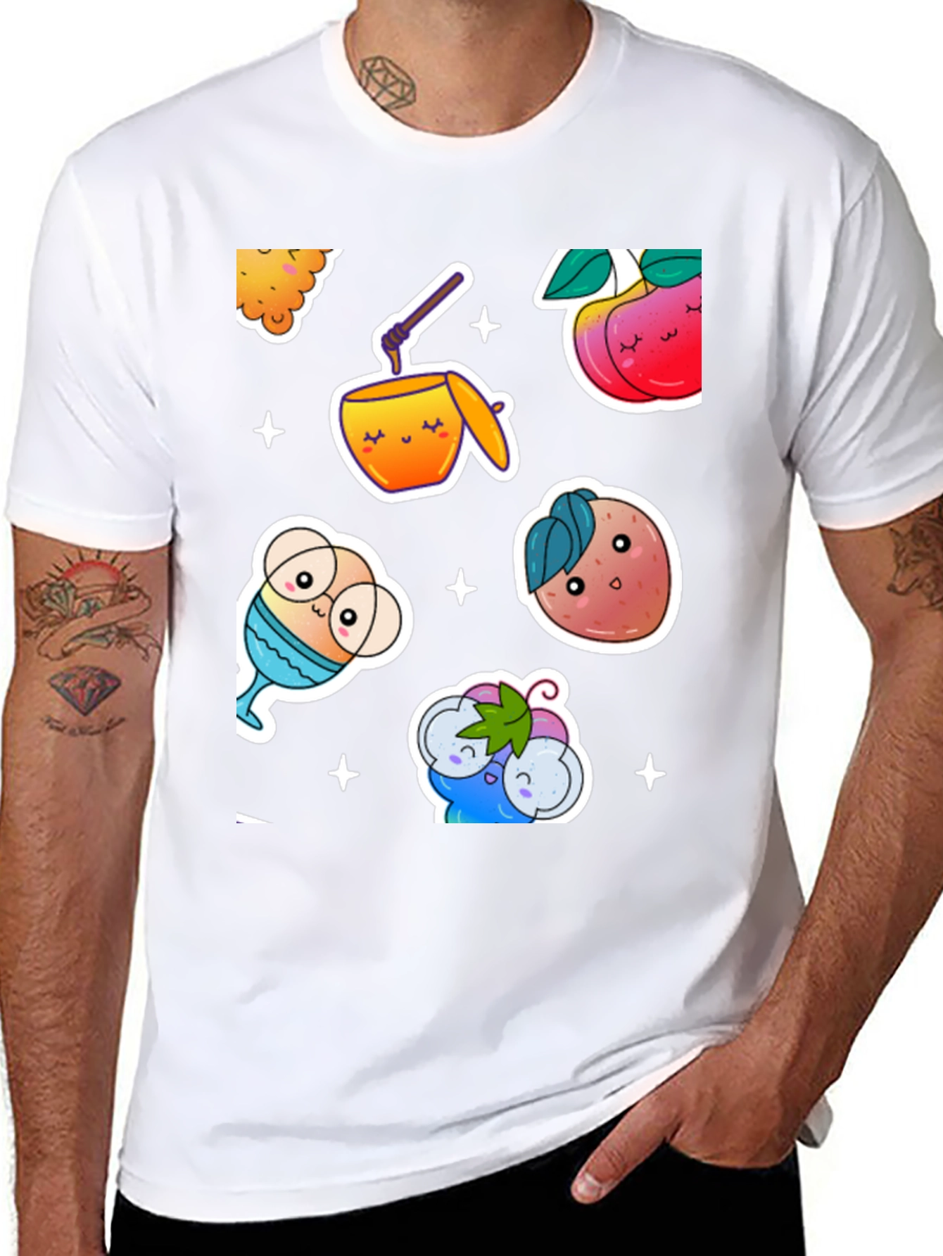 Kawaii Fruit & Drinks Graphic Black T-Shirt