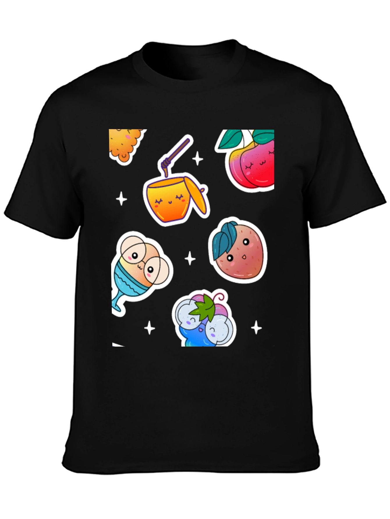 Kawaii Fruit & Drinks Graphic Black T-Shirt