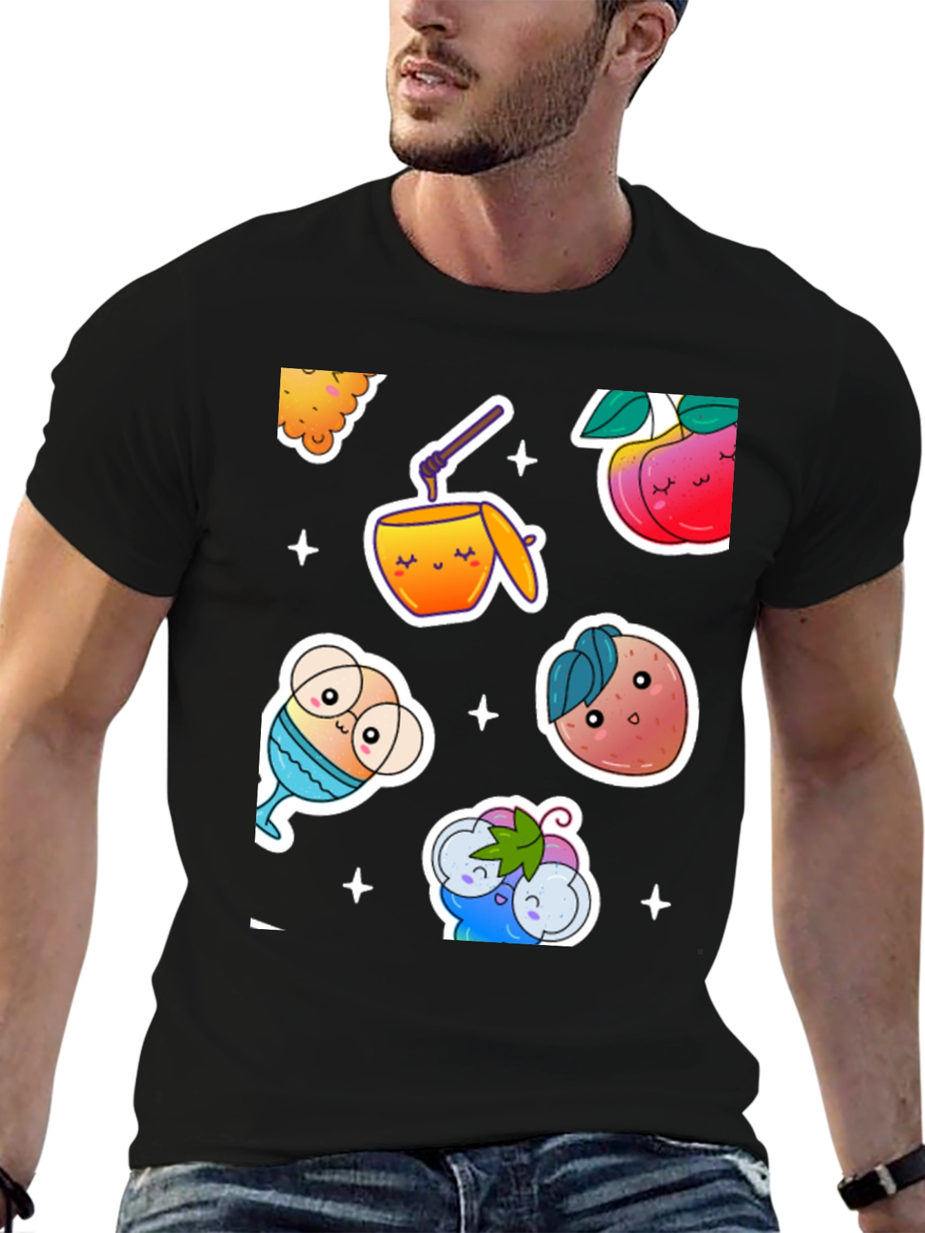 Kawaii Fruit & Drinks Graphic Black T-Shirt