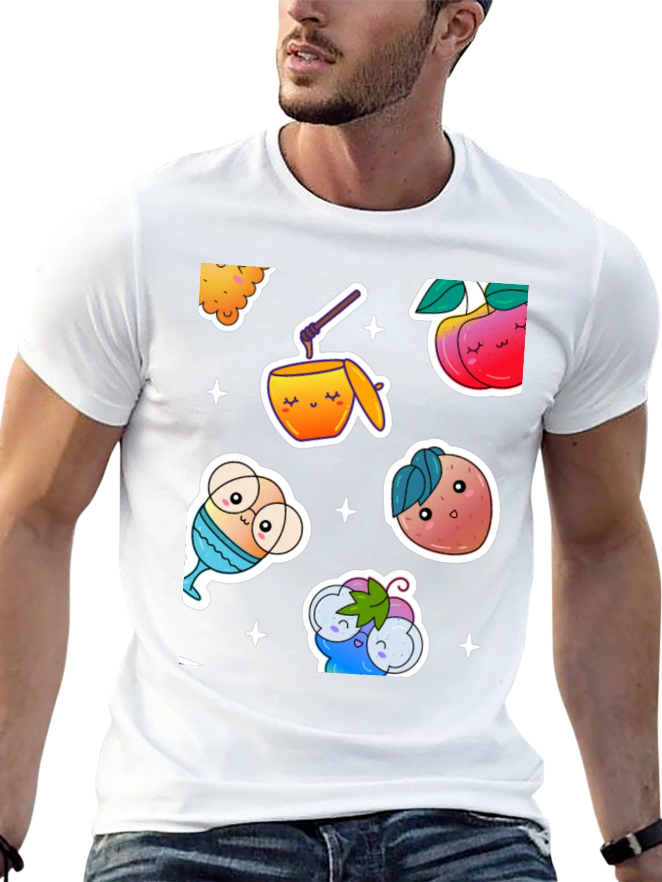 Kawaii Fruit & Drinks Graphic Black T-Shirt