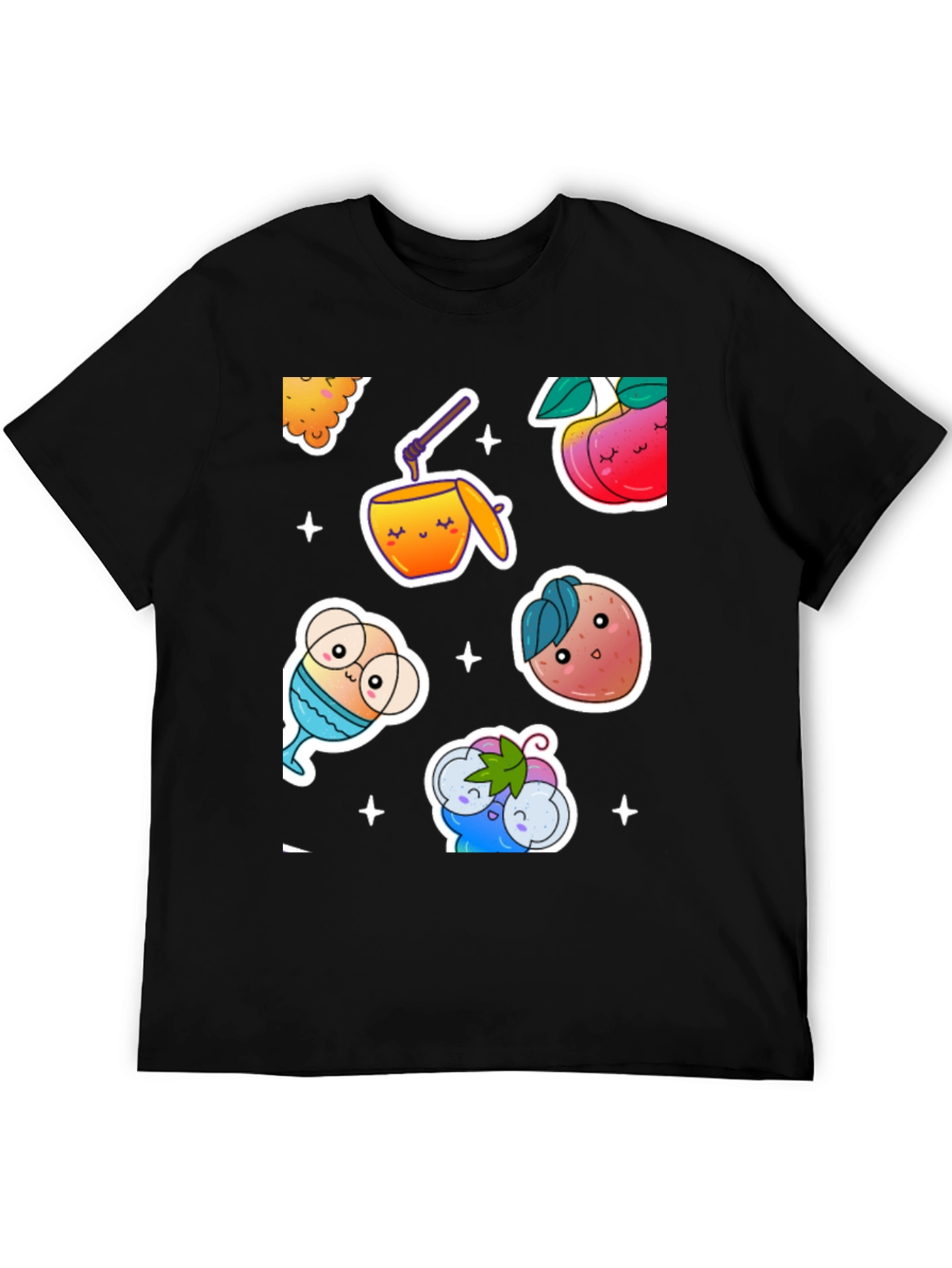 Kawaii Fruit & Drinks Graphic Black T-Shirt