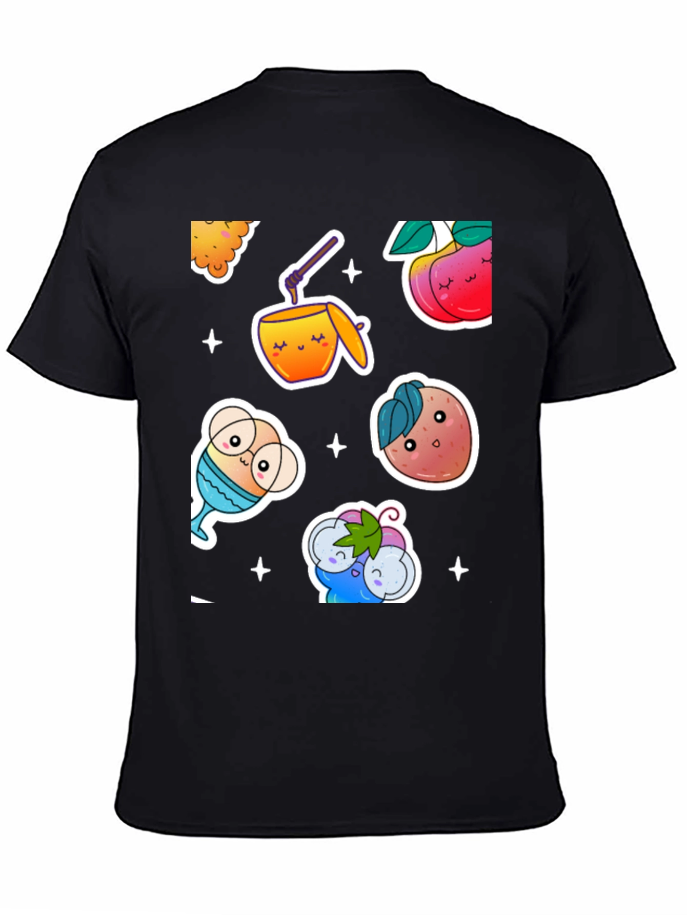 Kawaii Fruit & Drinks Graphic Black T-Shirt