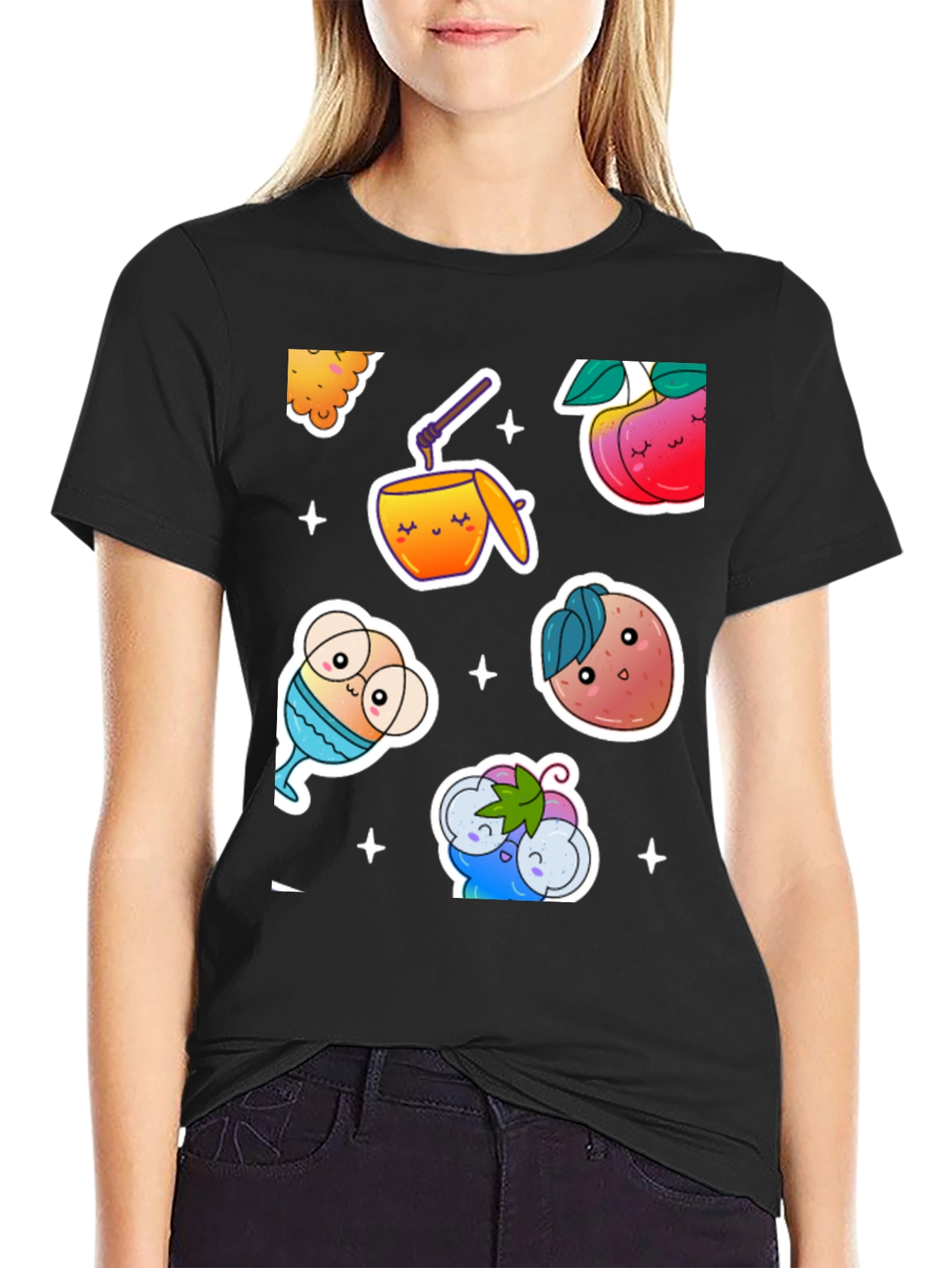 Kawaii Fruit & Drinks Graphic Black T-Shirt