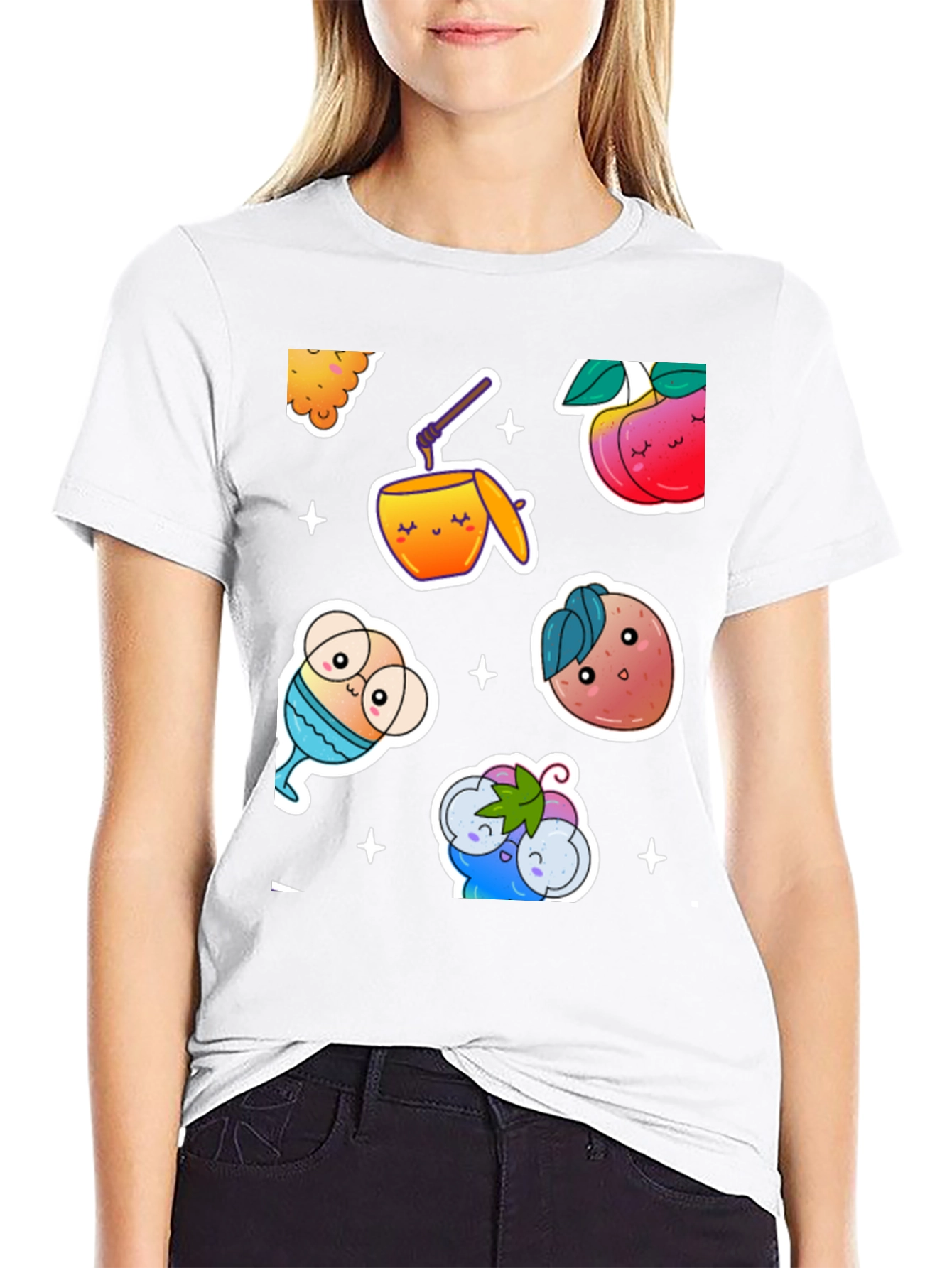 Kawaii Fruit & Drinks Graphic Black T-Shirt