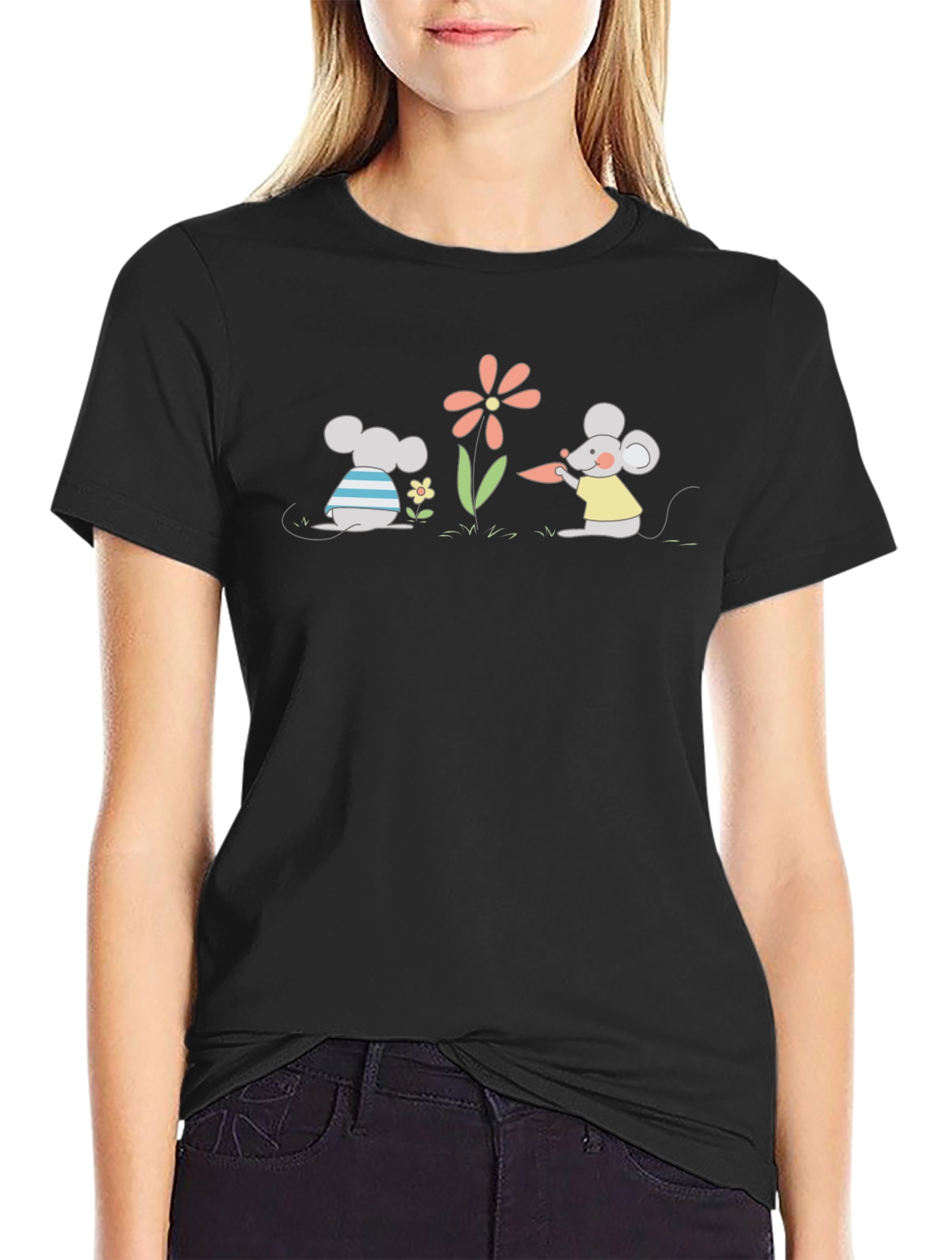 Cartoon Mice Garden Black T-Shirt