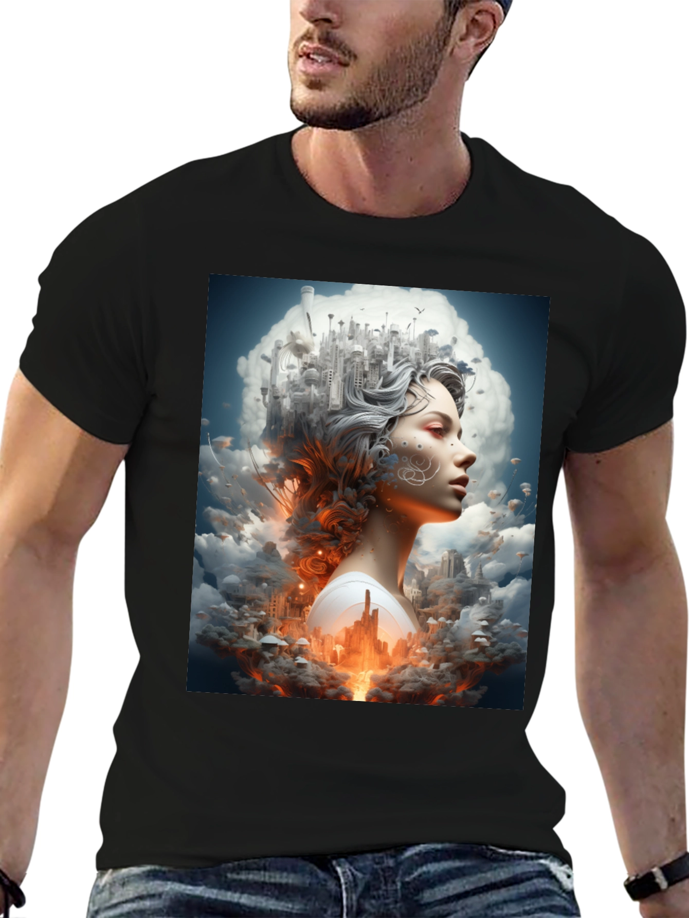 Artistic Cityscape Woman Black T-Shirt