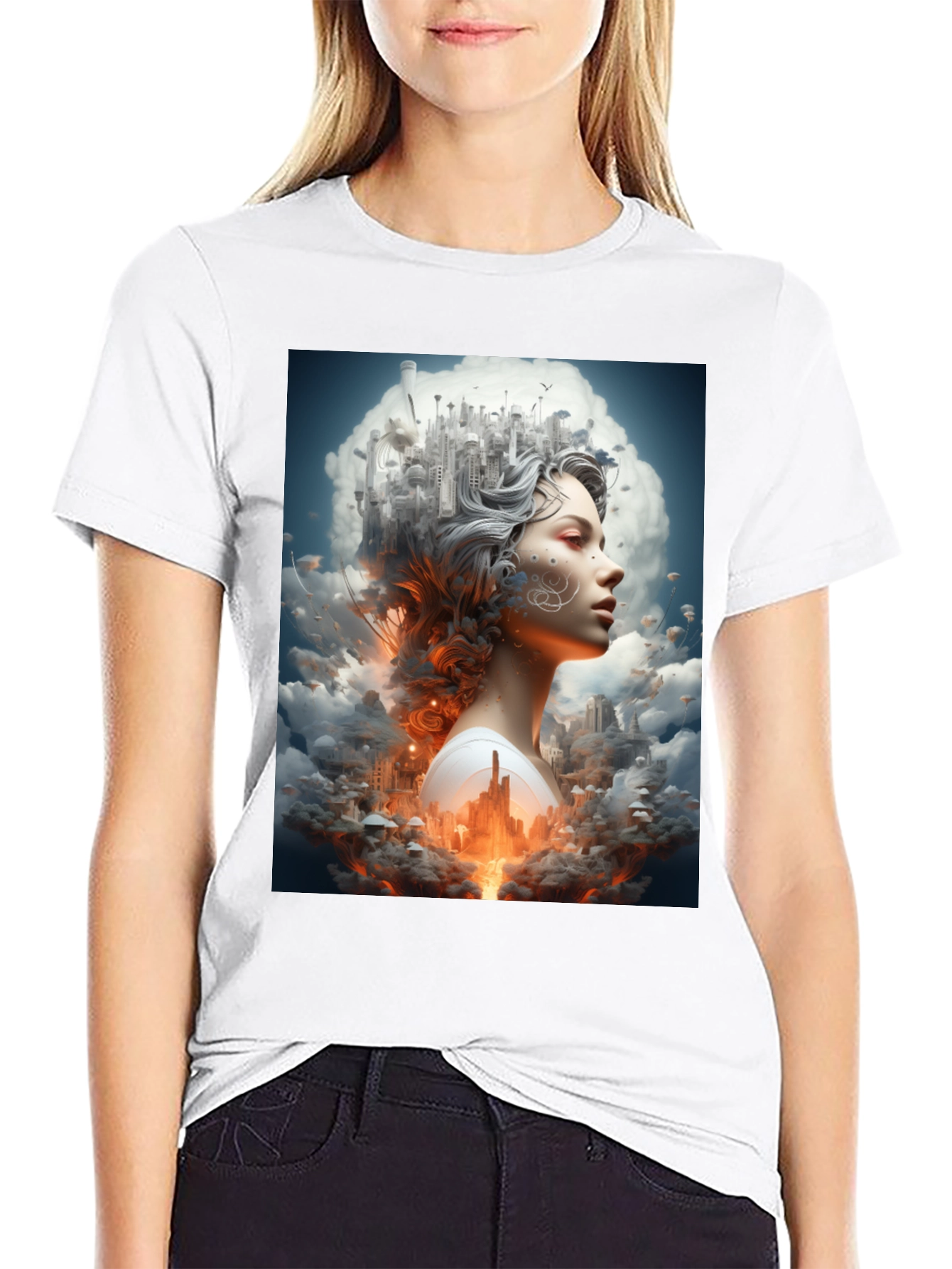 Artistic Cityscape Woman Black T-Shirt