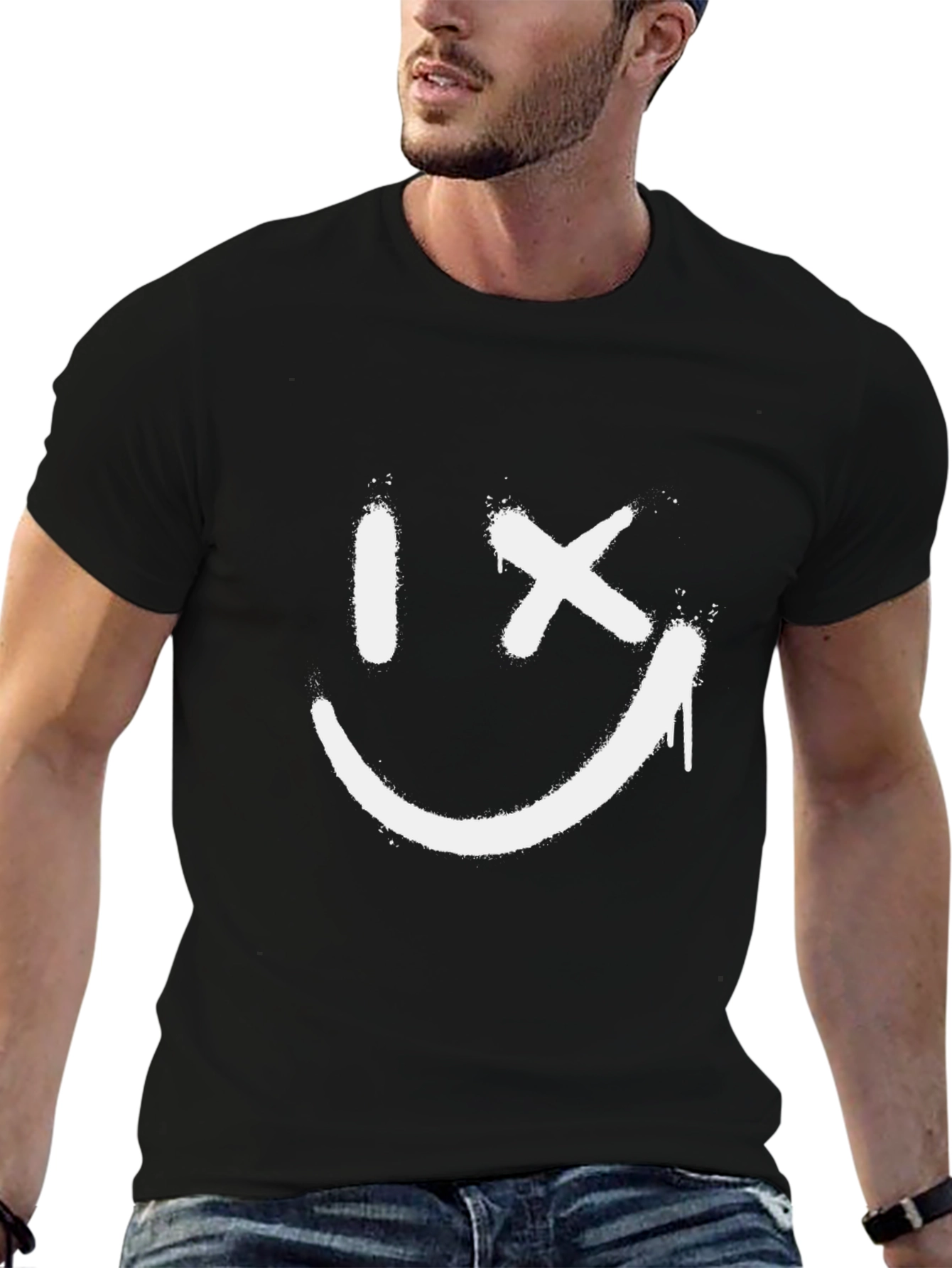 Smiley Face Spray Paint T-Shirt - Casual Black Tee
