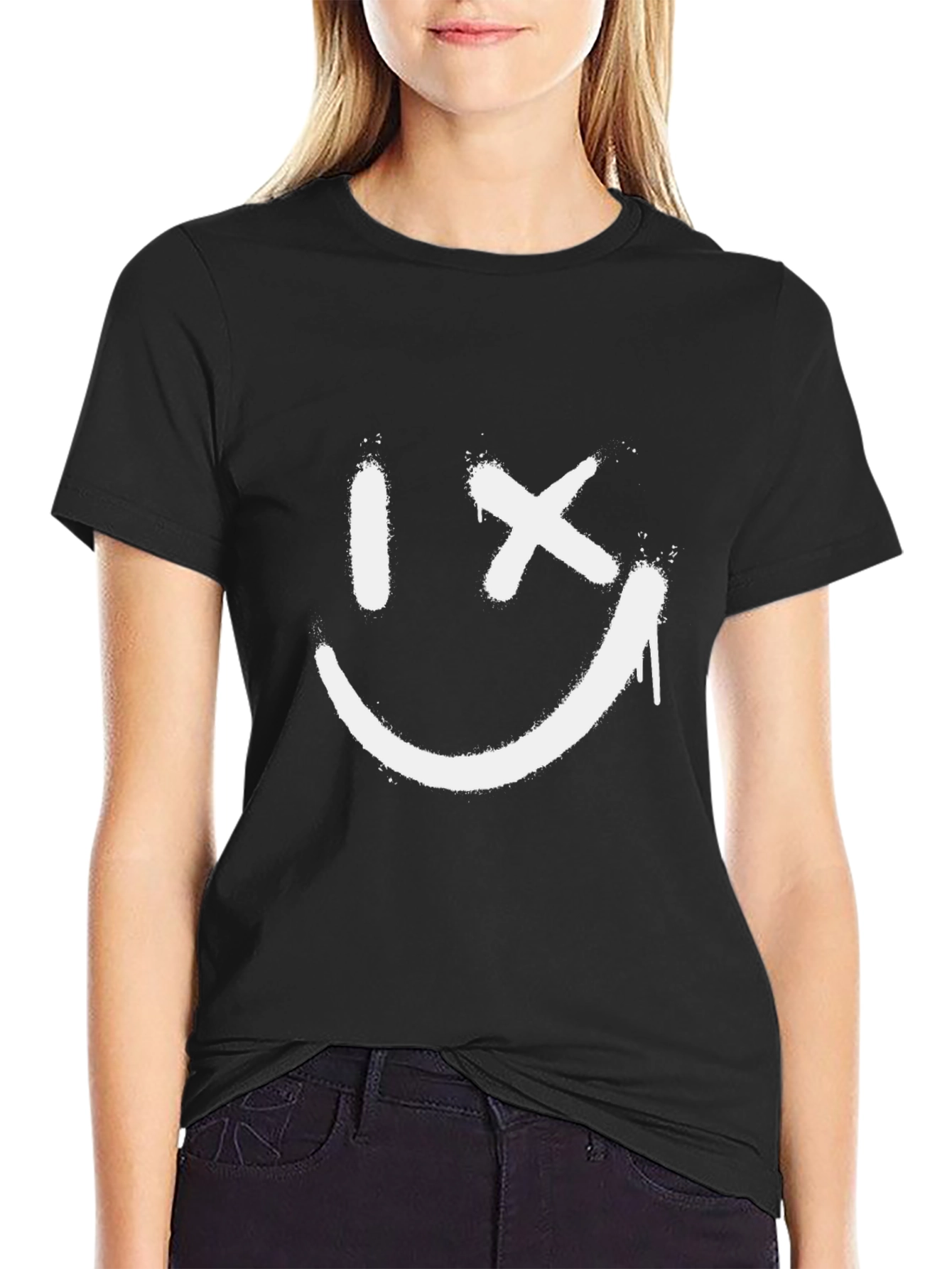 Smiley Face Spray Paint T-Shirt - Casual Black Tee