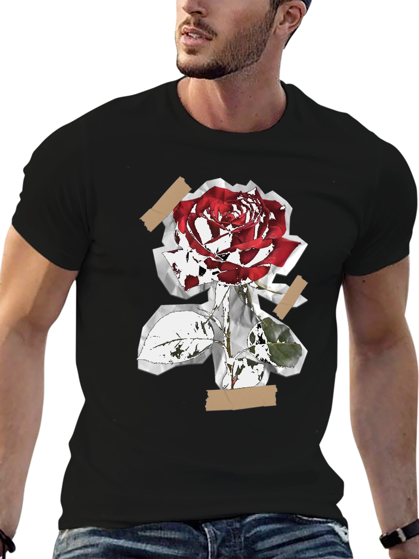 Rose Collage Graphic Tee - Black Cotton