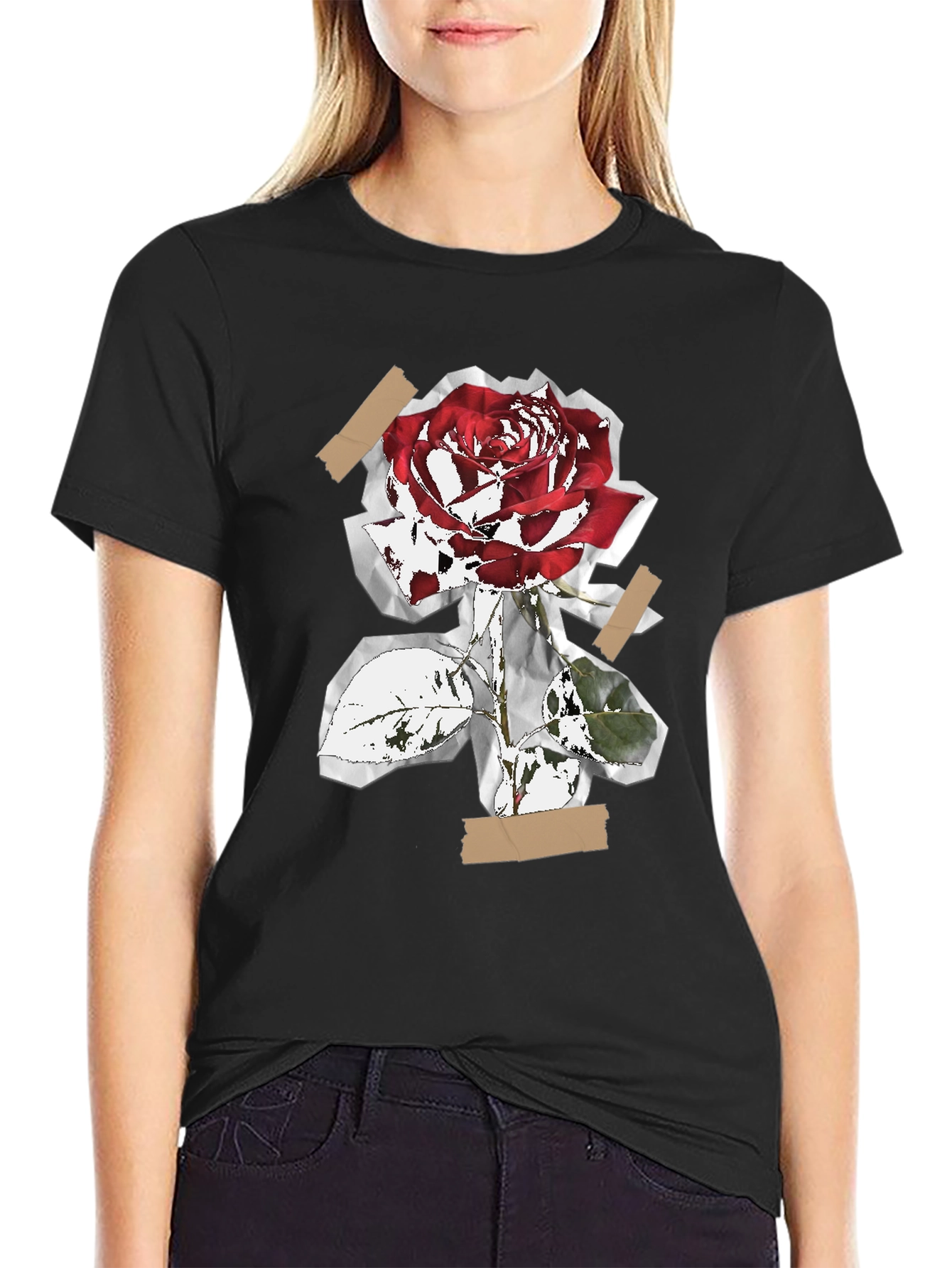 Rose Collage Graphic Tee - Black Cotton