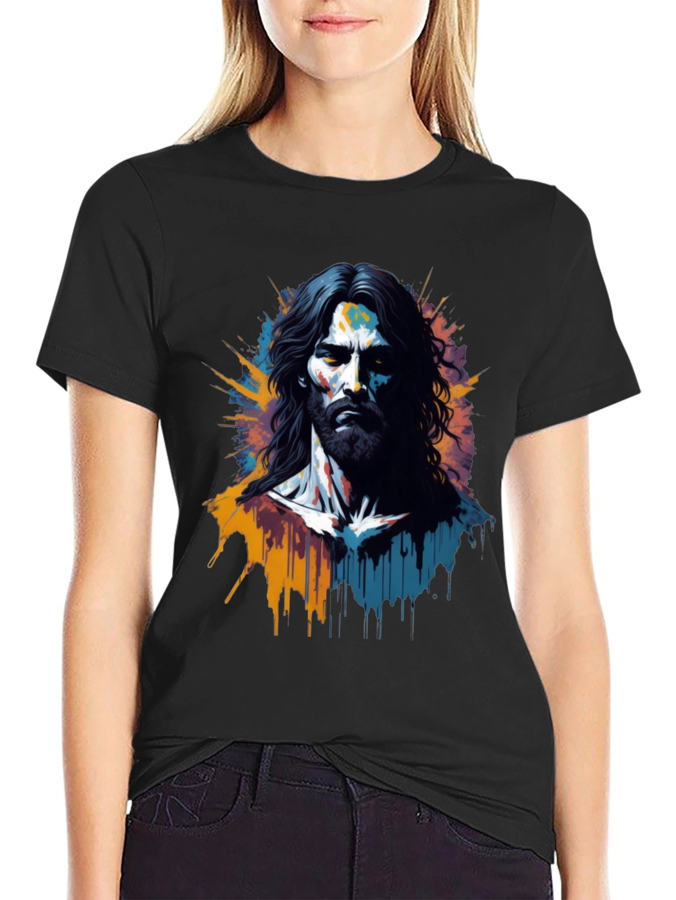 Artistic Jesus Graphic Print Black T-Shirt
