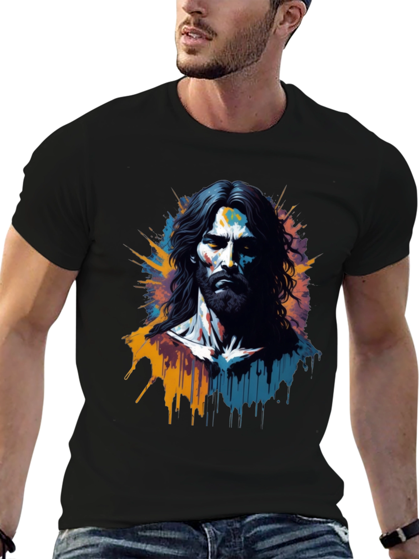 Artistic Jesus Graphic Print Black T-Shirt