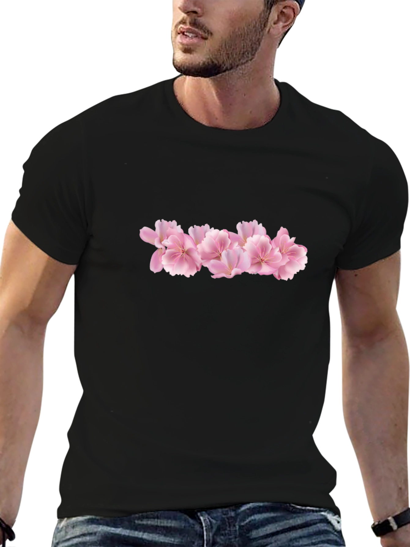 Black Tee with Pink Flower Graphic