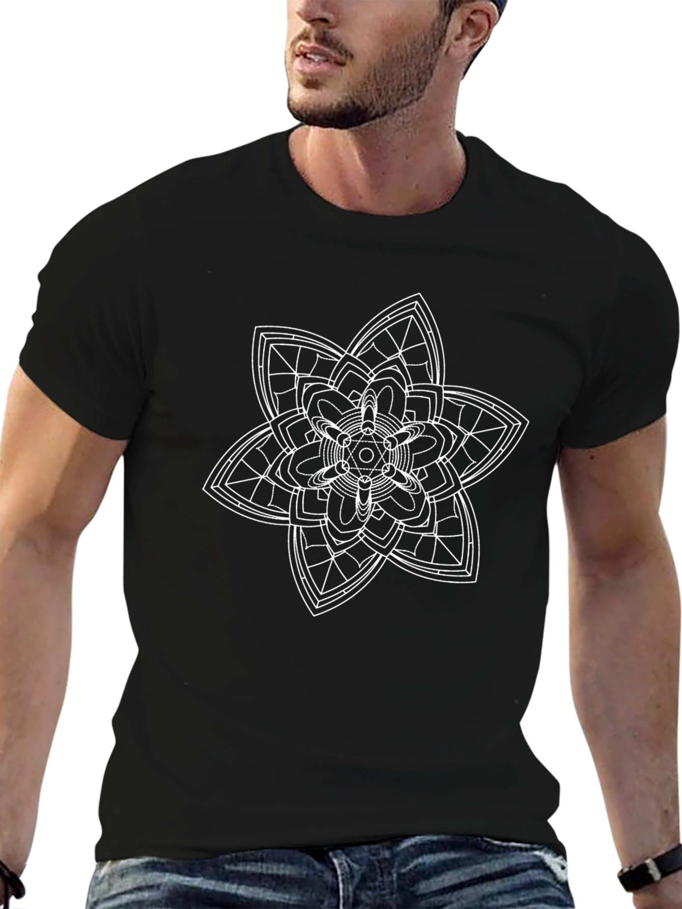 Black T-Shirt with White Geometric Flower Design