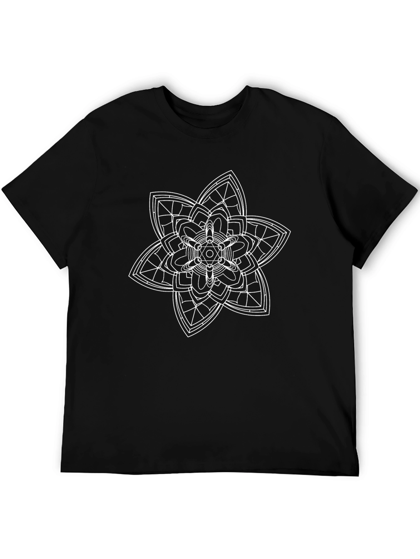 Black T-Shirt with White Geometric Flower Design