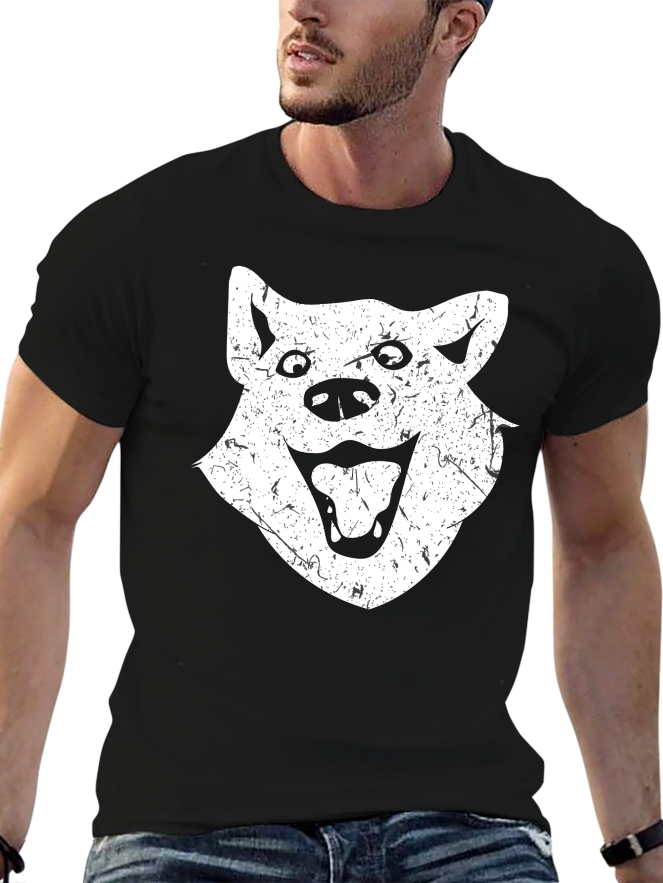 Funny Distressed Dog Face Graphic Black T-Shirt