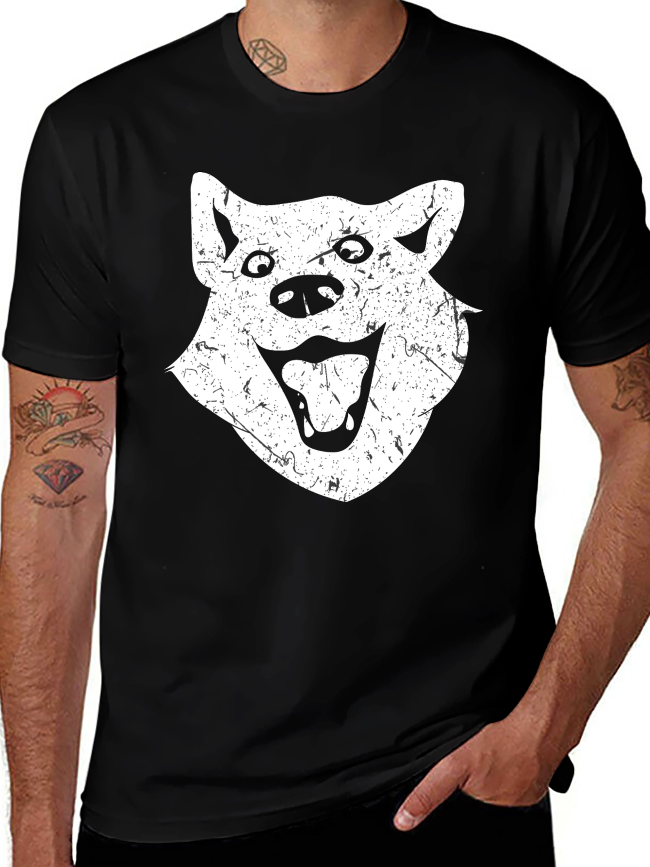Funny Distressed Dog Face Graphic Black T-Shirt