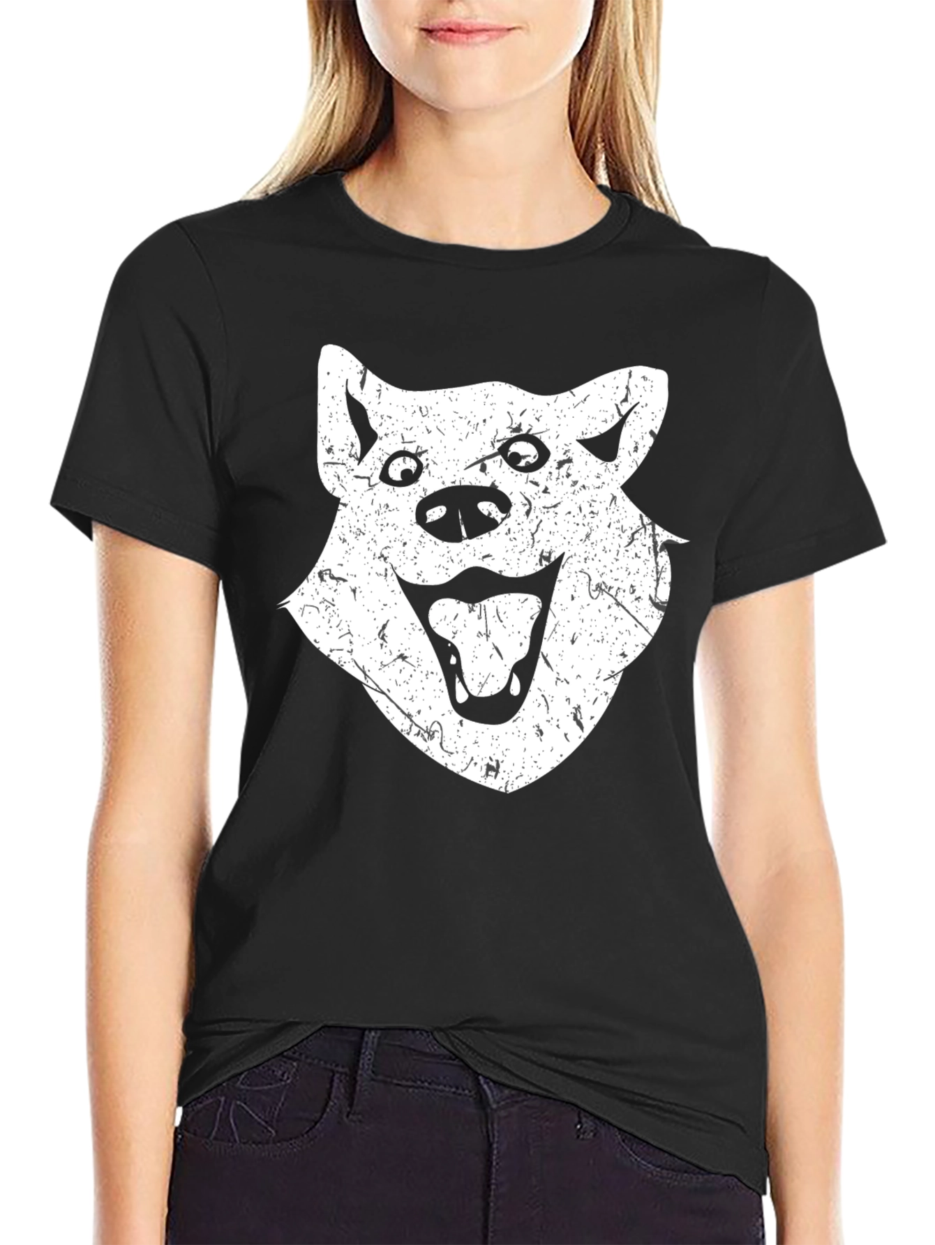 Funny Distressed Dog Face Graphic Black T-Shirt