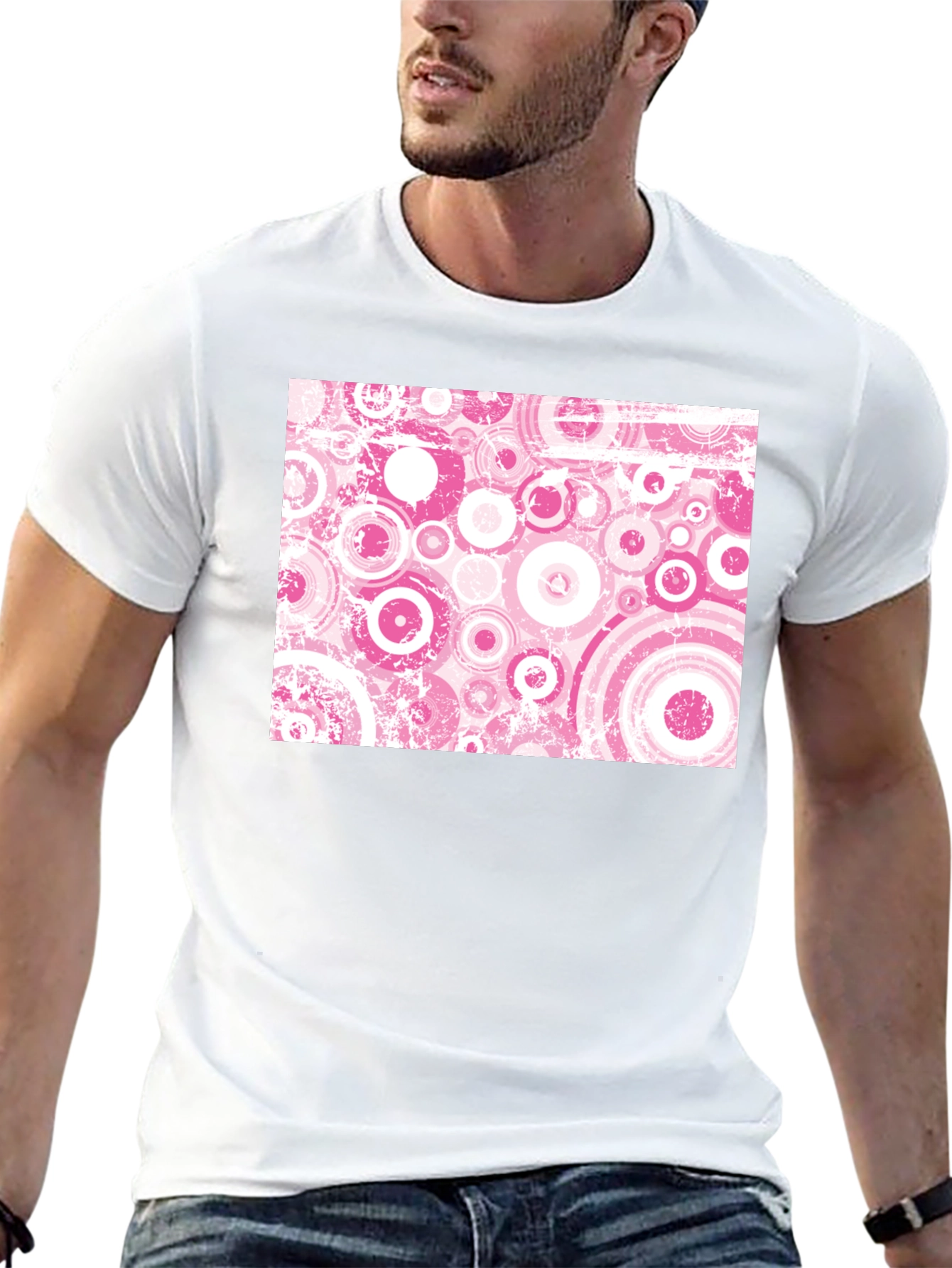 Retro Pink Circle Pattern Black T-Shirt