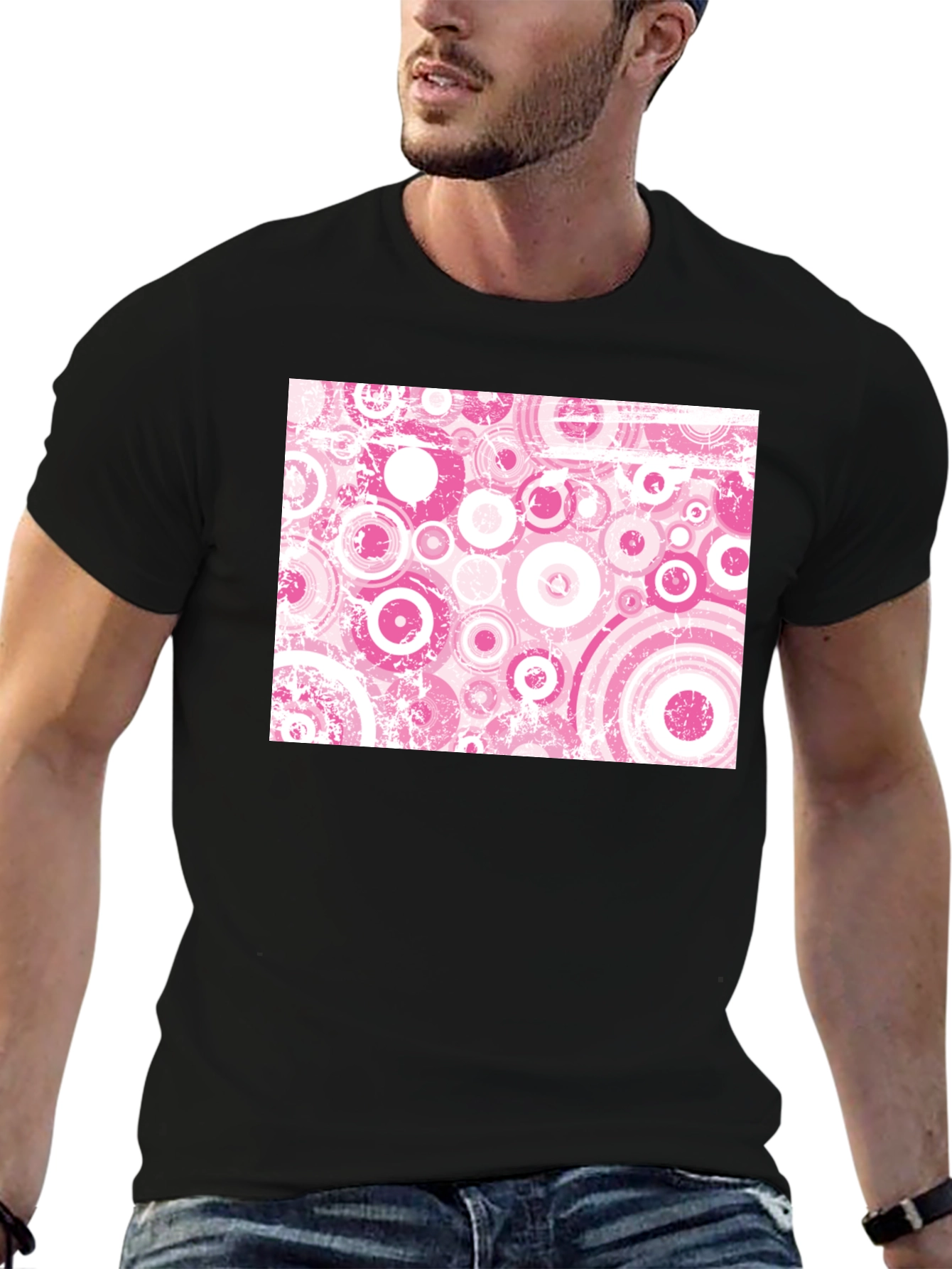 Retro Pink Circle Pattern Black T-Shirt