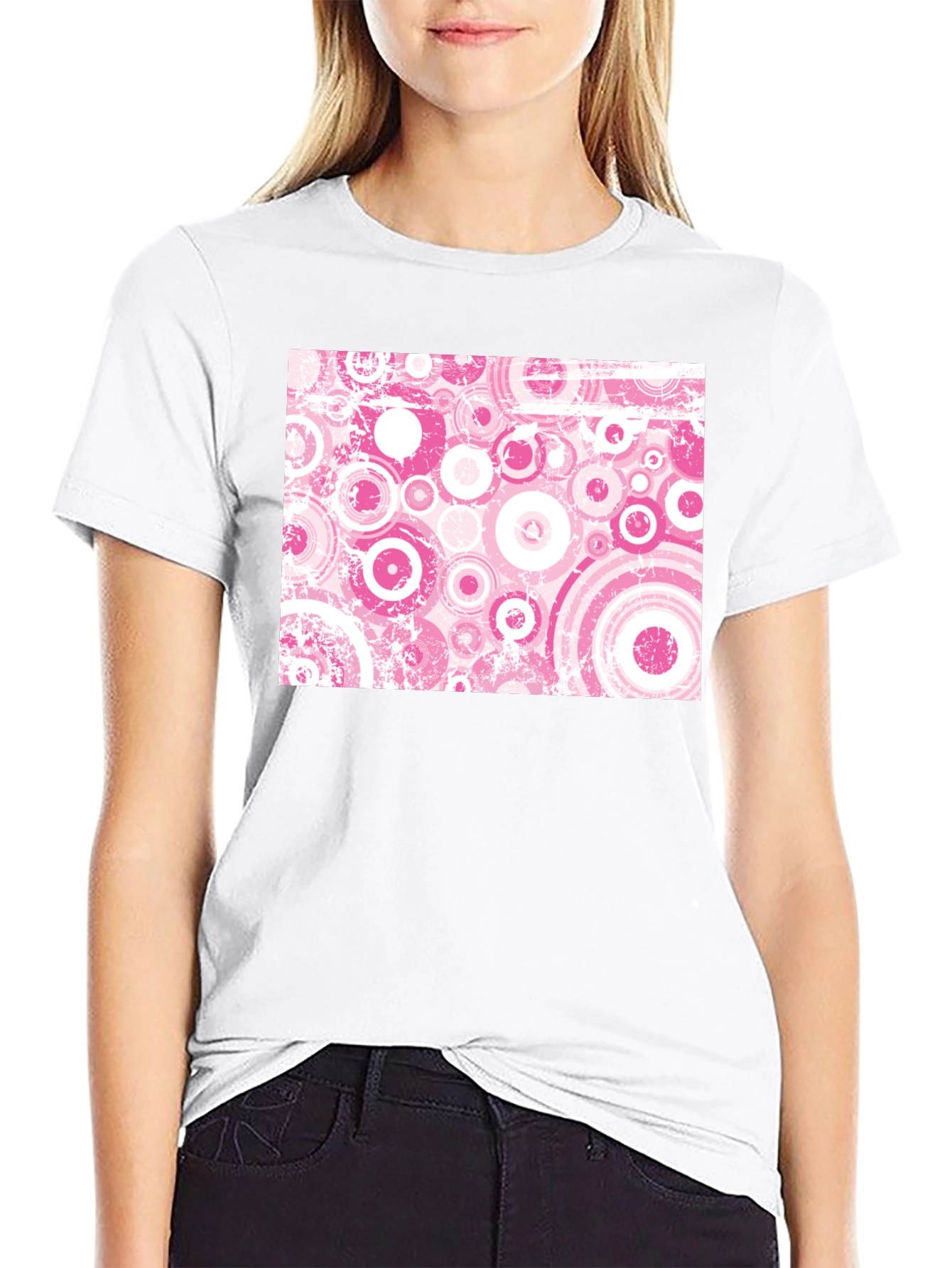 Retro Pink Circle Pattern Black T-Shirt