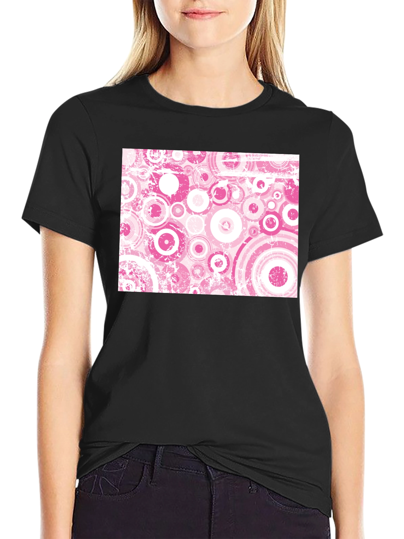 Retro Pink Circle Pattern Black T-Shirt