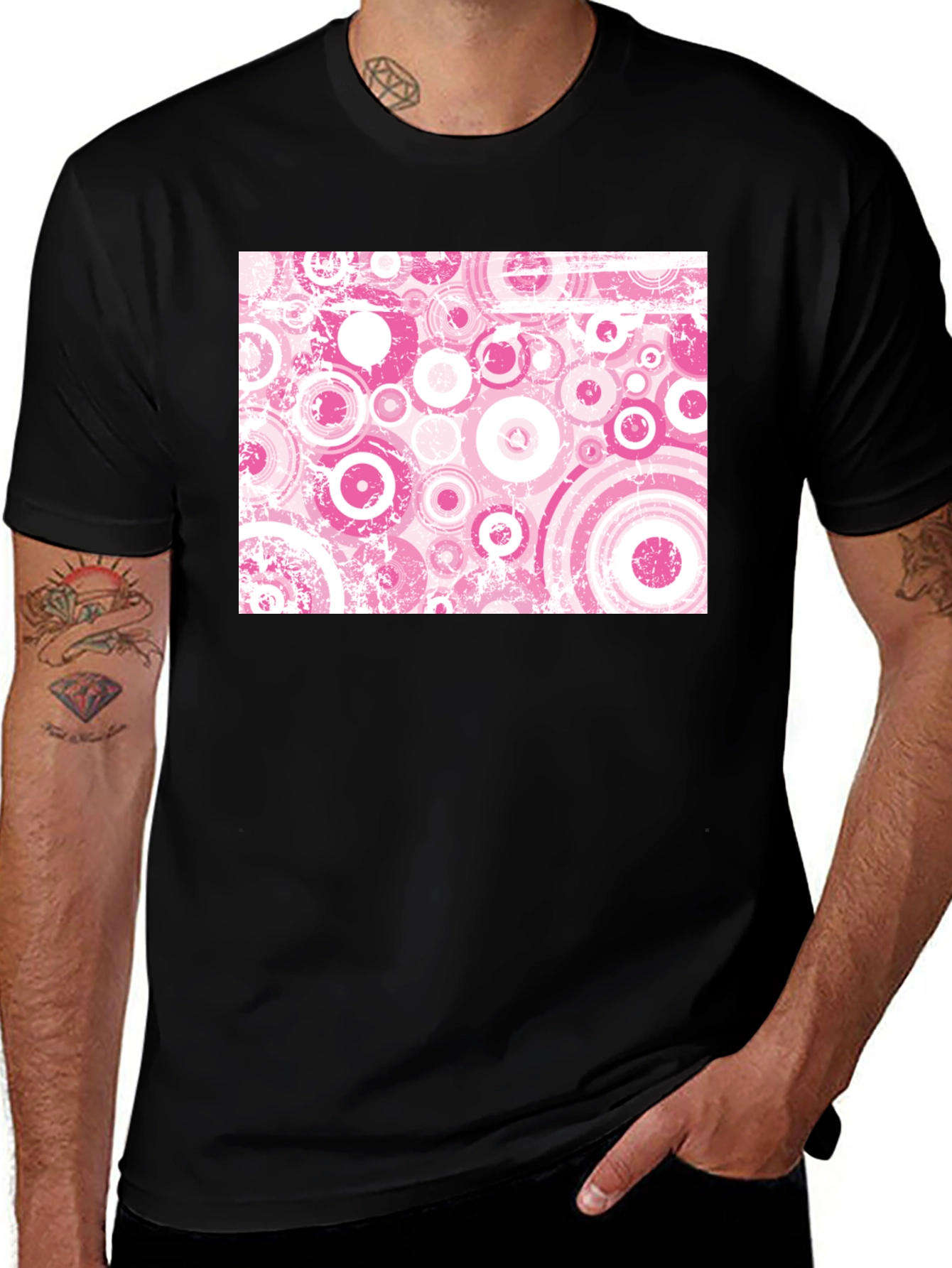 Retro Pink Circle Pattern Black T-Shirt