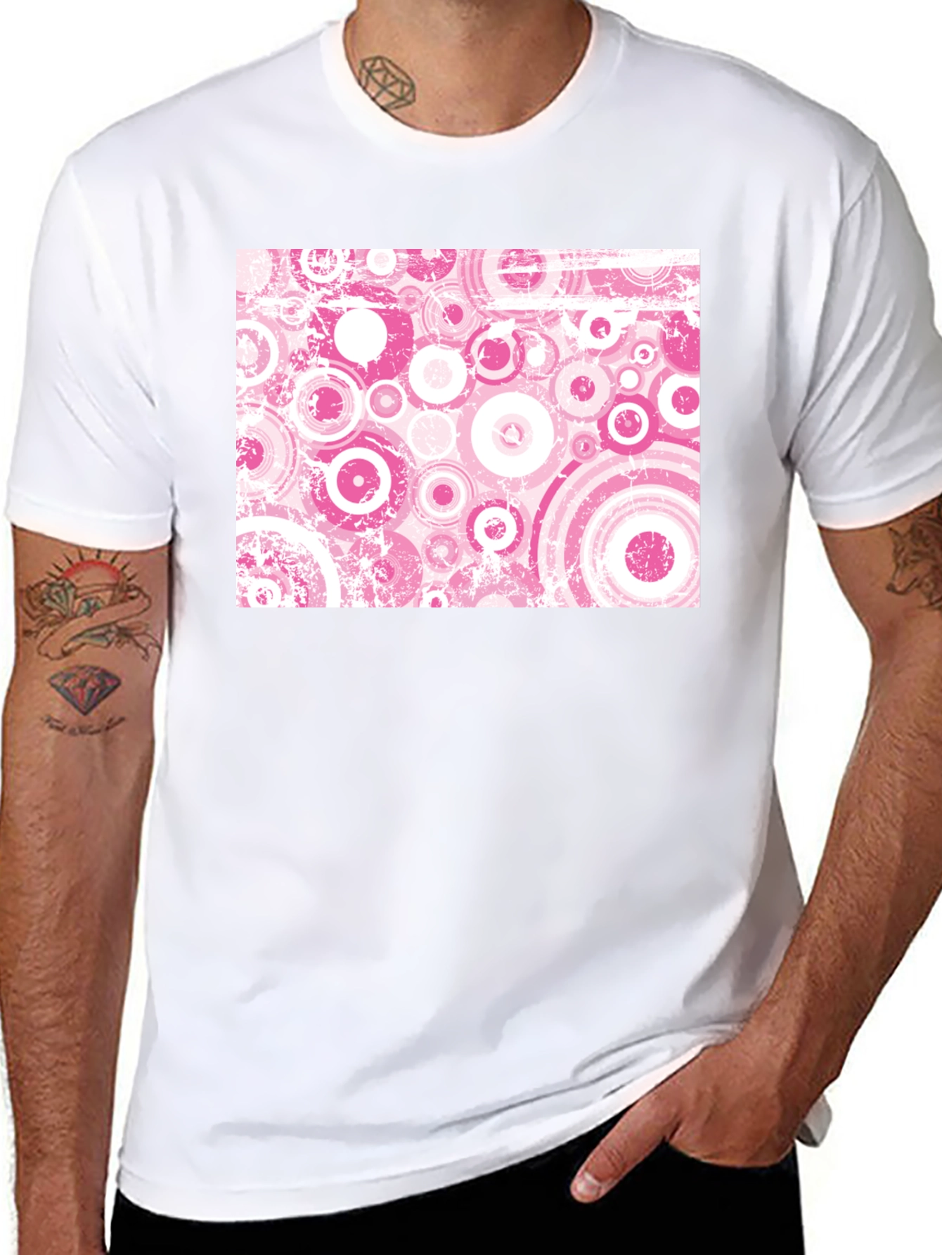 Retro Pink Circle Pattern Black T-Shirt