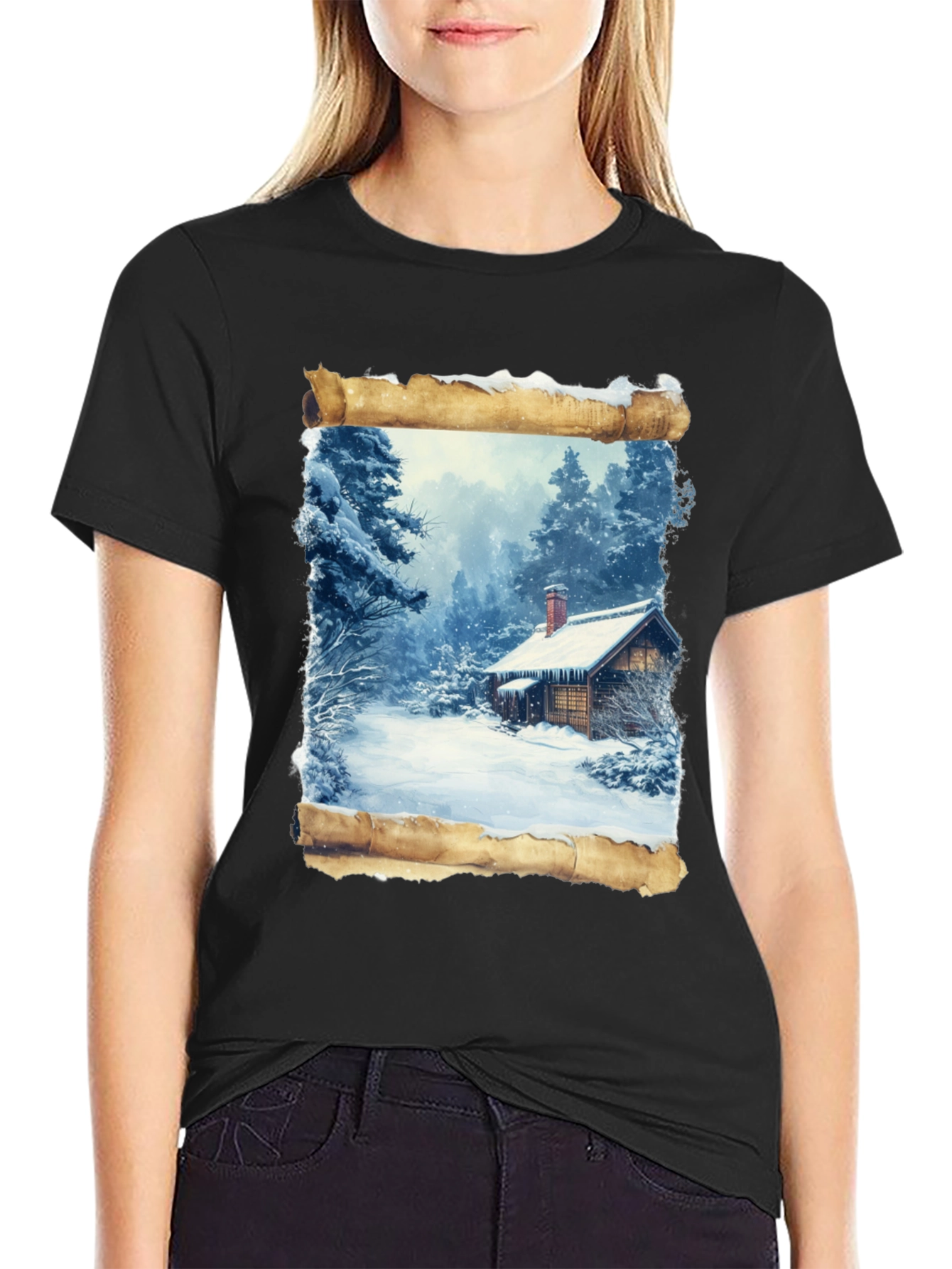 Winter Cabin Scrollwork Tee - Black Graphic T-Shirt
