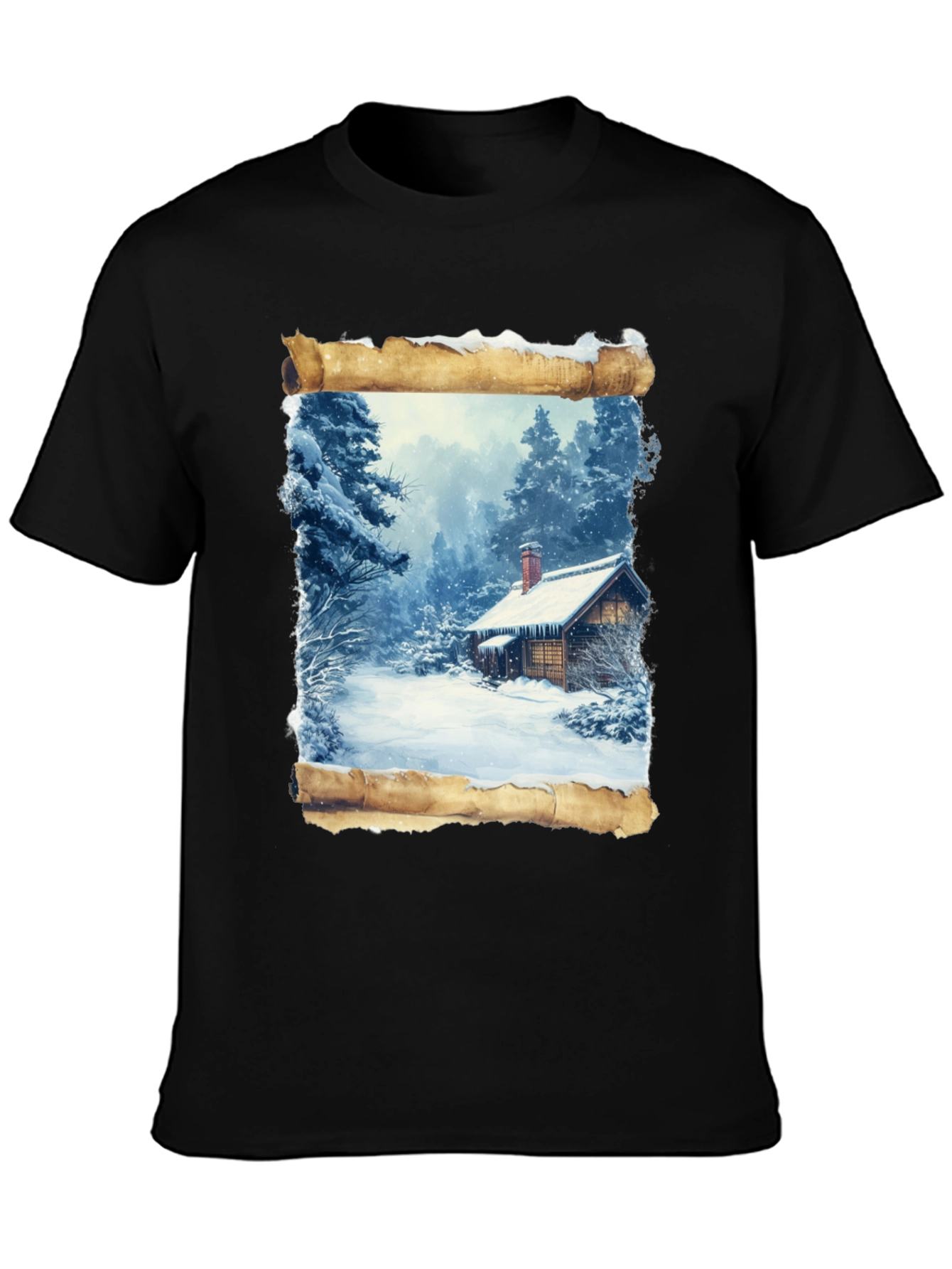 Winter Cabin Scrollwork Tee - Black Graphic T-Shirt