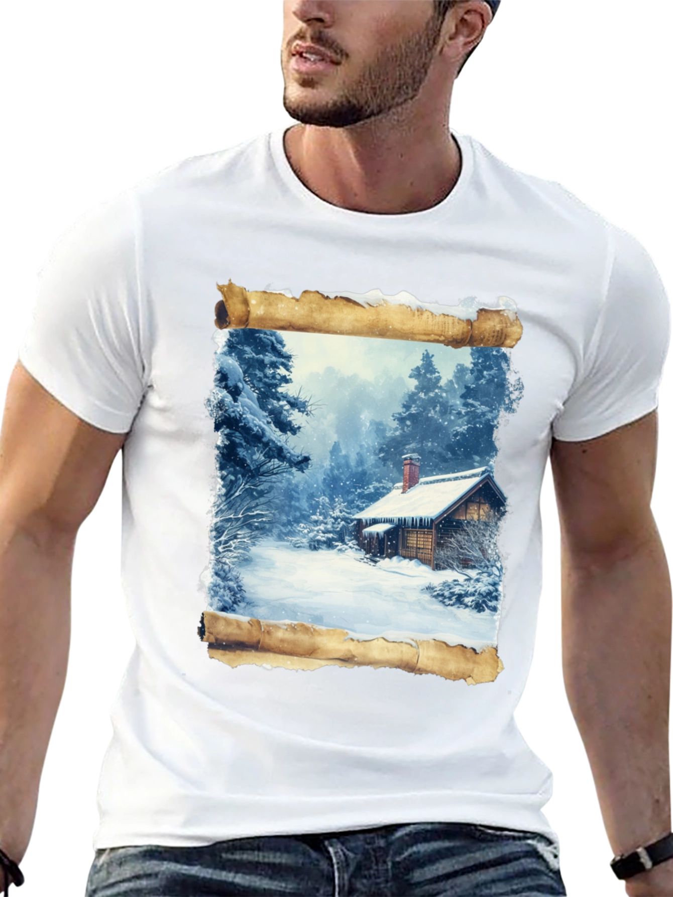 Winter Cabin Scrollwork Tee - Black Graphic T-Shirt