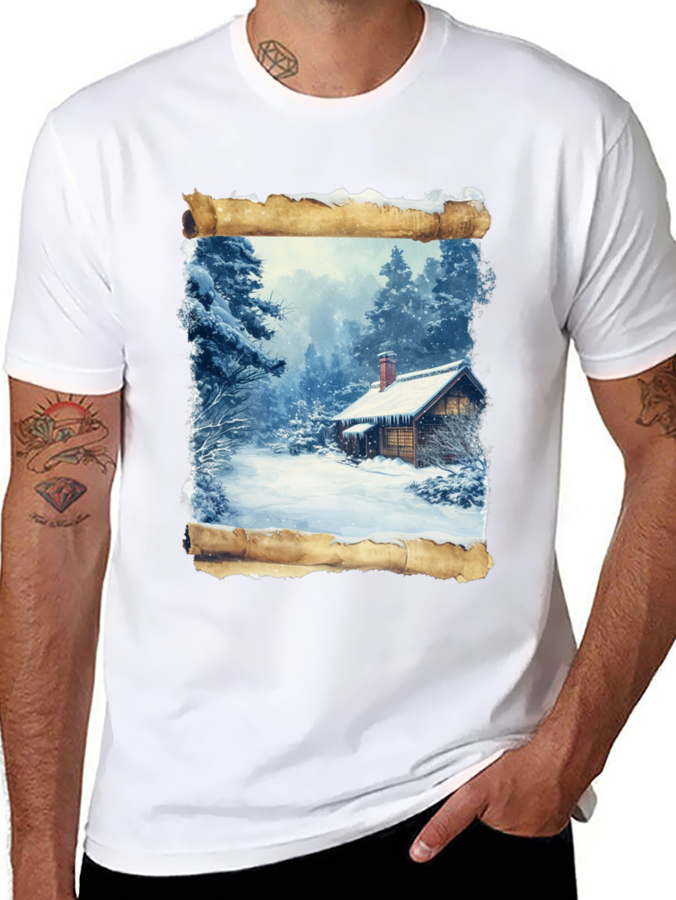 Winter Cabin Scrollwork Tee - Black Graphic T-Shirt