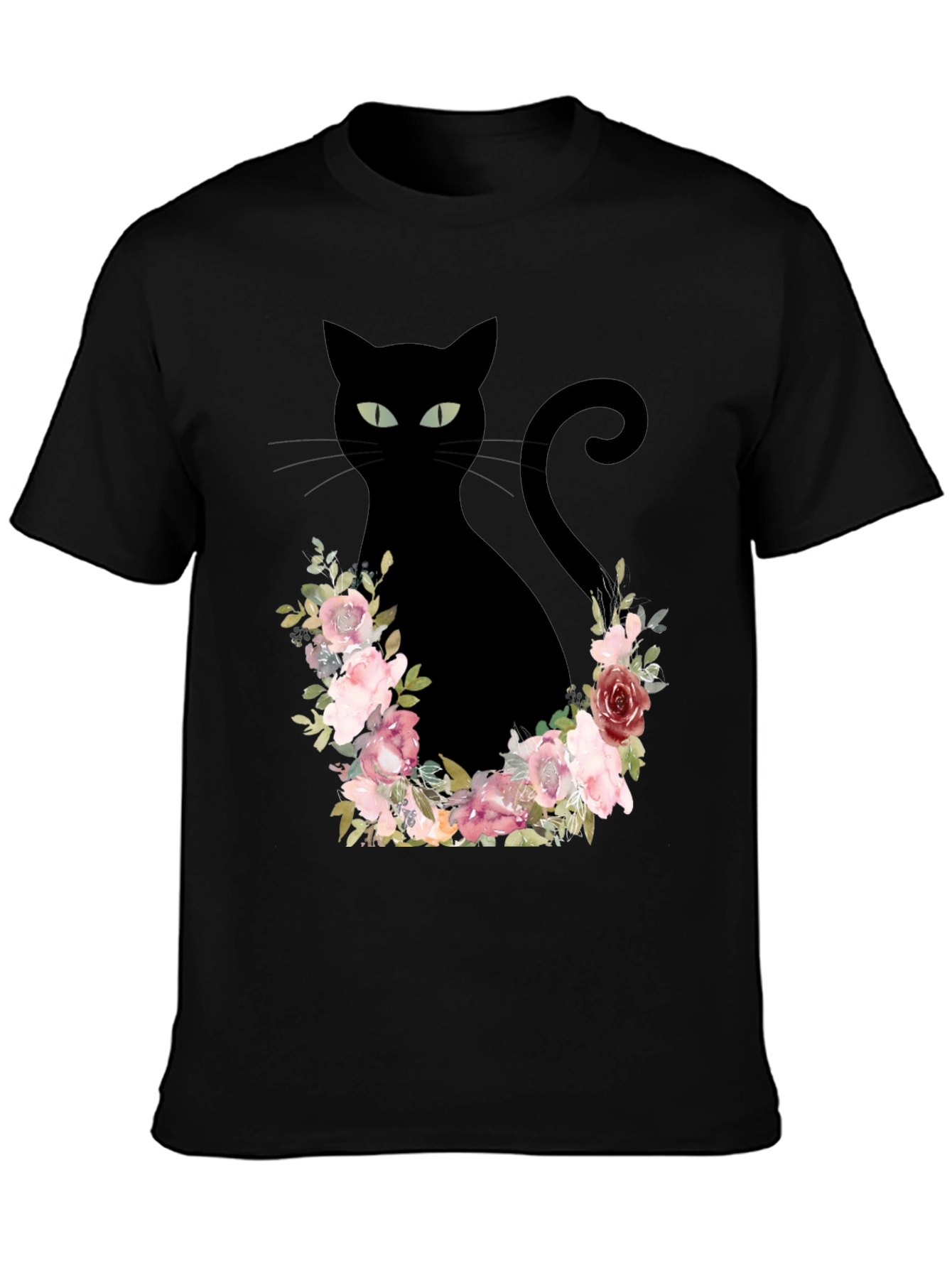 Floral Cat Graphic Tee - Black T-Shirt