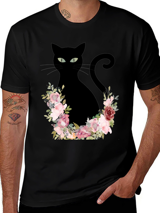 Floral Cat Graphic Tee - Black T-Shirt