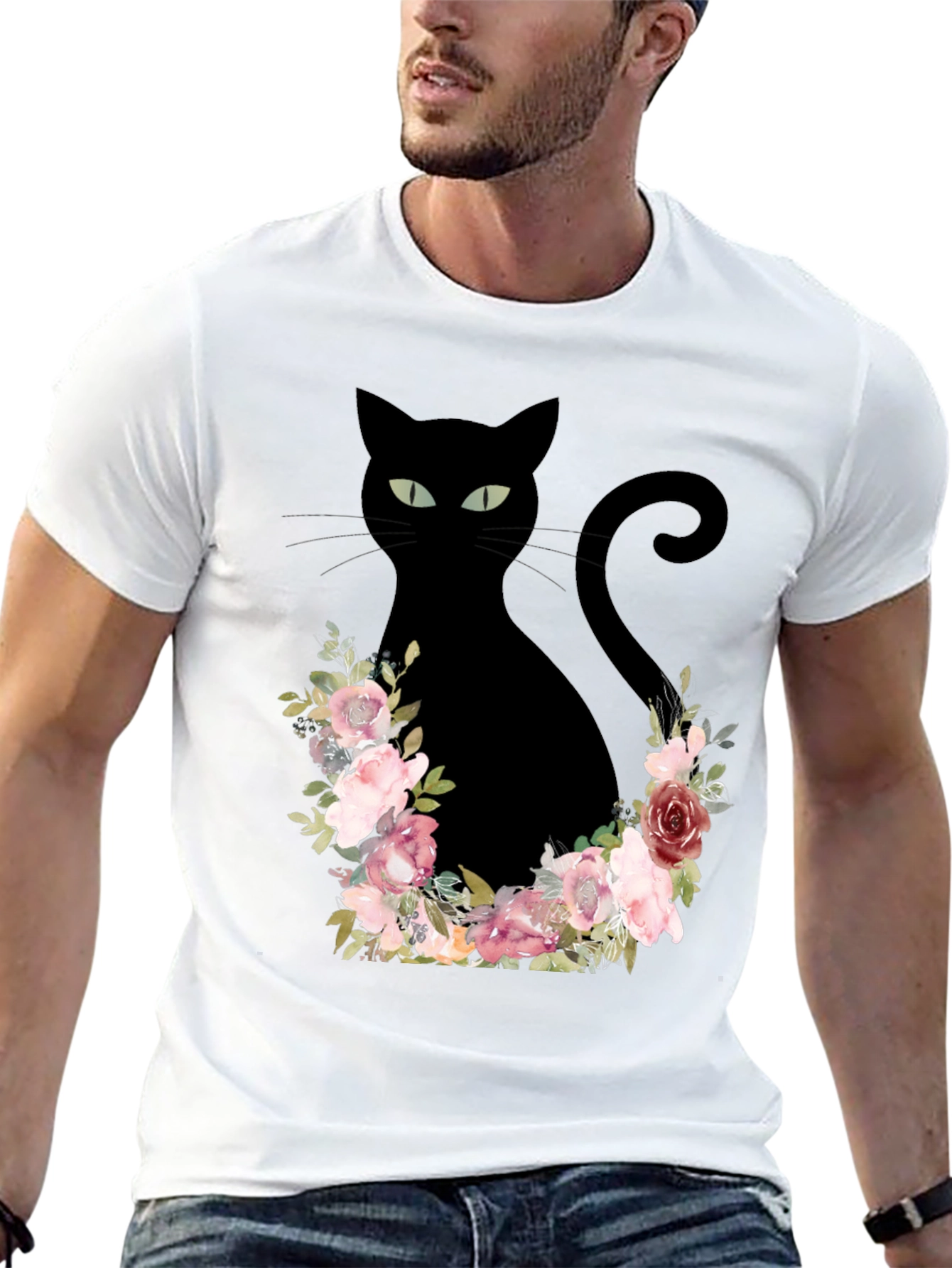 Floral Cat Graphic Tee - Black T-Shirt