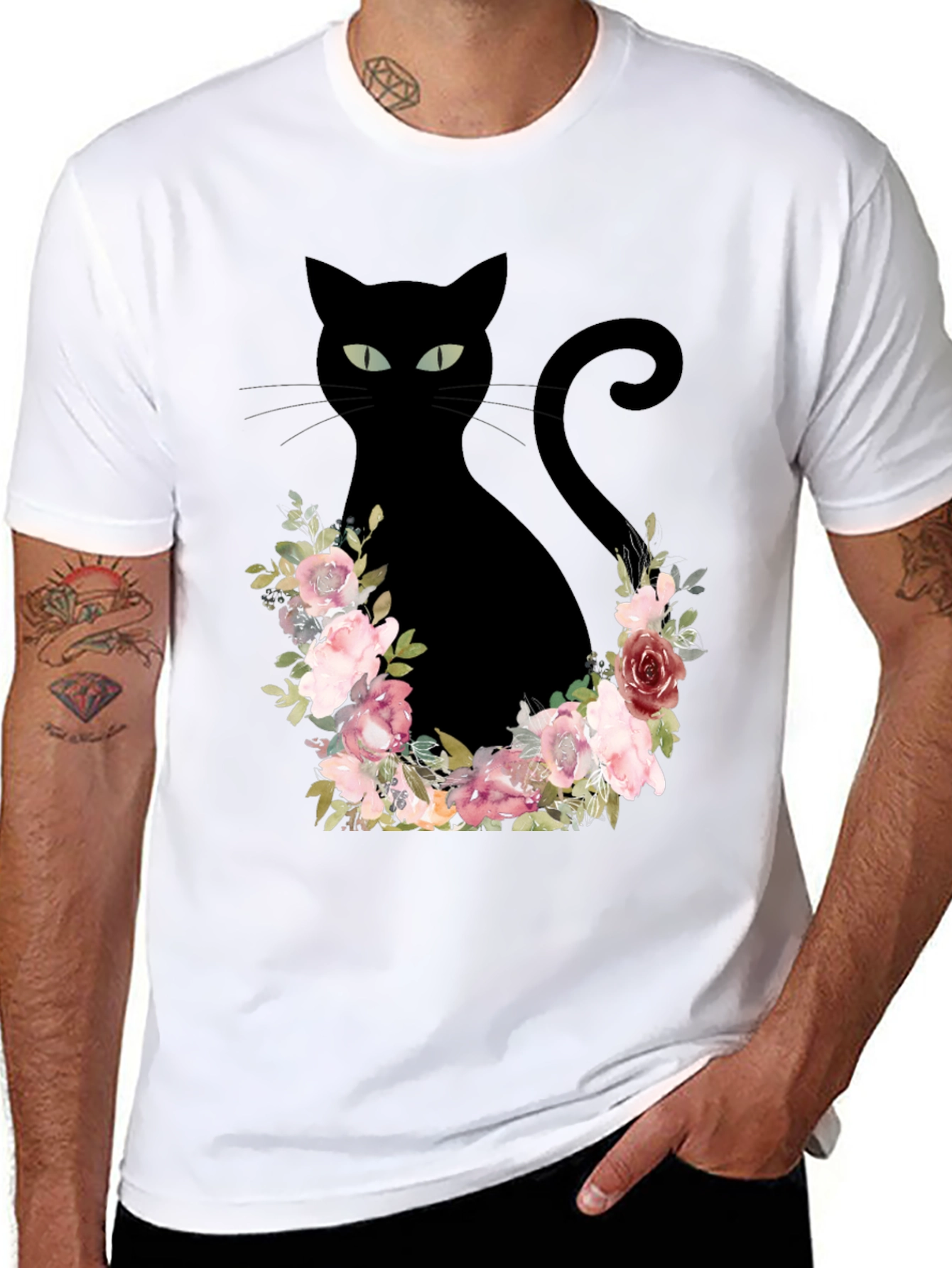 Floral Cat Graphic Tee - Black T-Shirt
