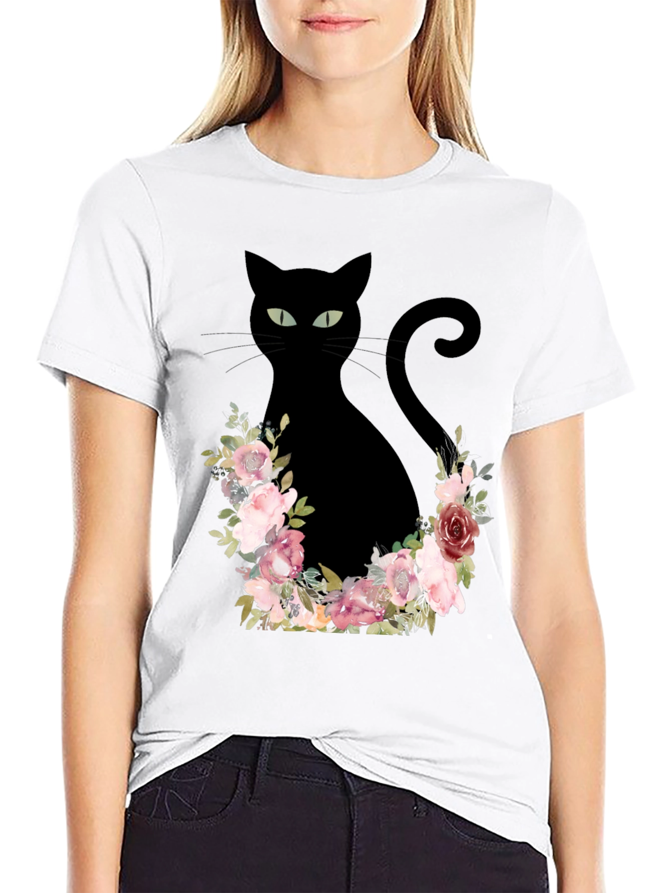 Floral Cat Graphic Tee - Black T-Shirt