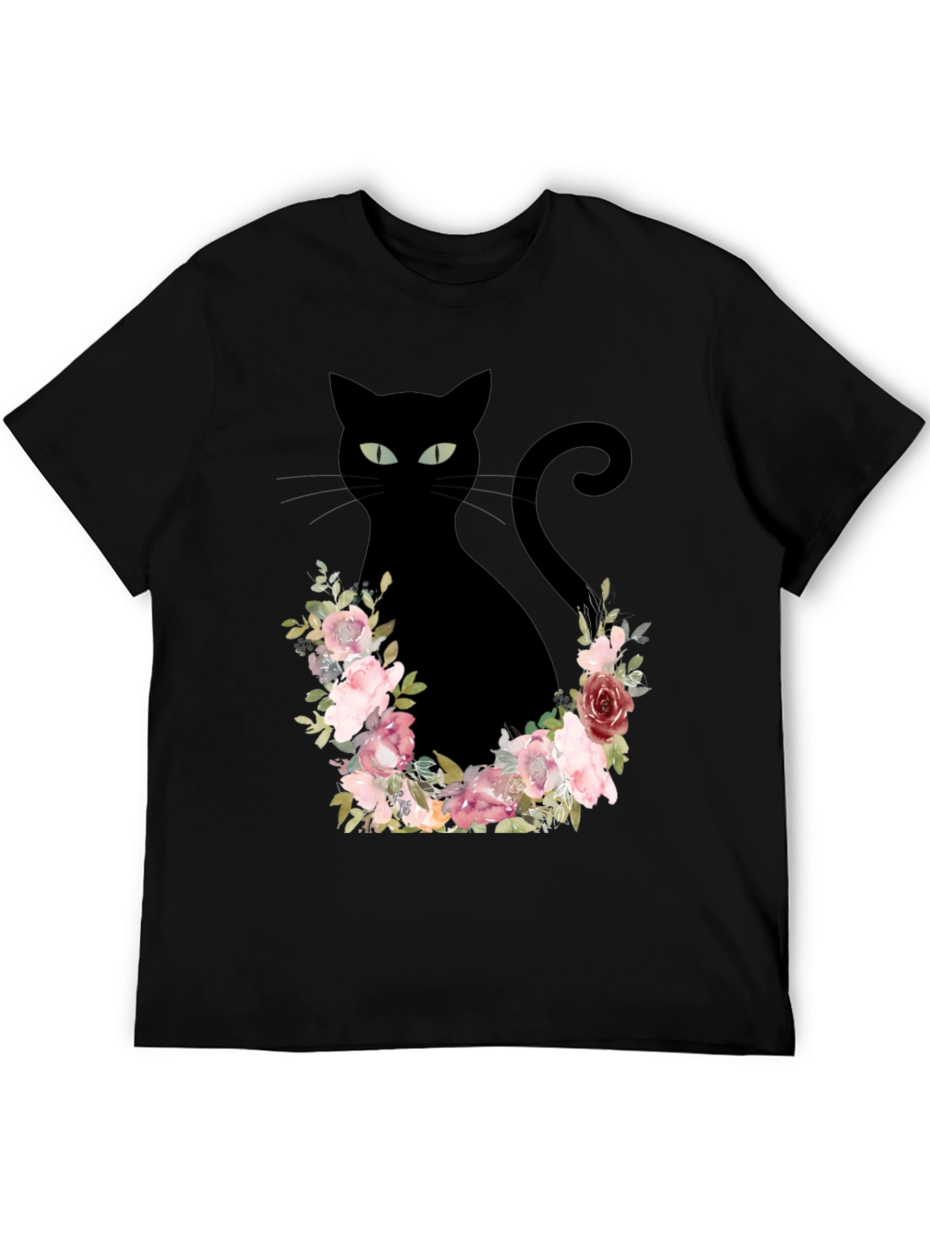 Floral Cat Graphic Tee - Black T-Shirt